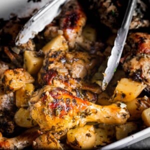 Italian baked chicken and potatoes featured image.