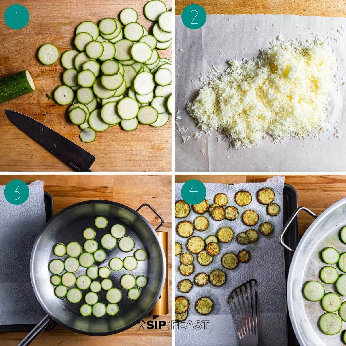 Spaghetti alla Nerano recipe process shot collage group number one.