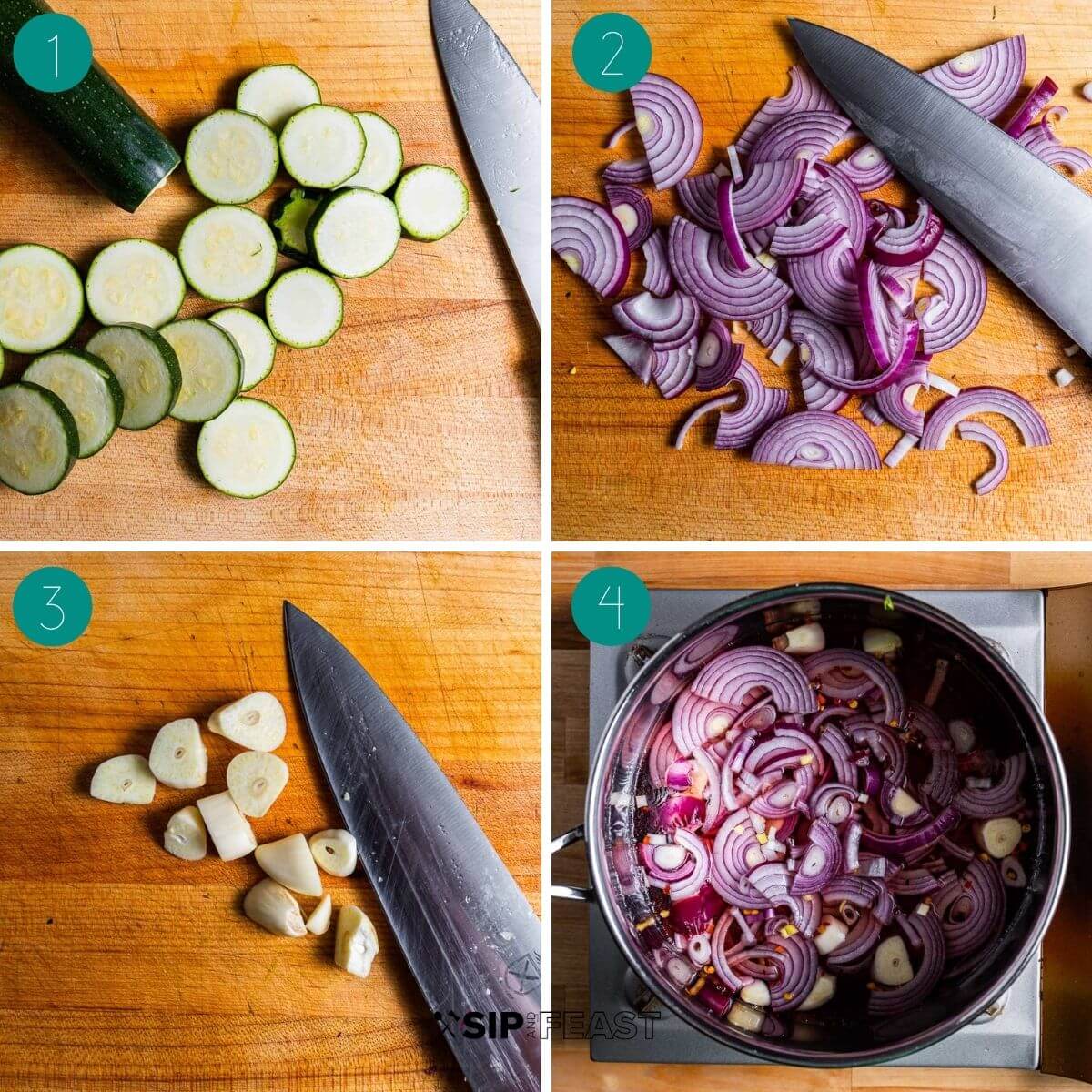 Sweet and sour zucchini recipe process shot collage group one.