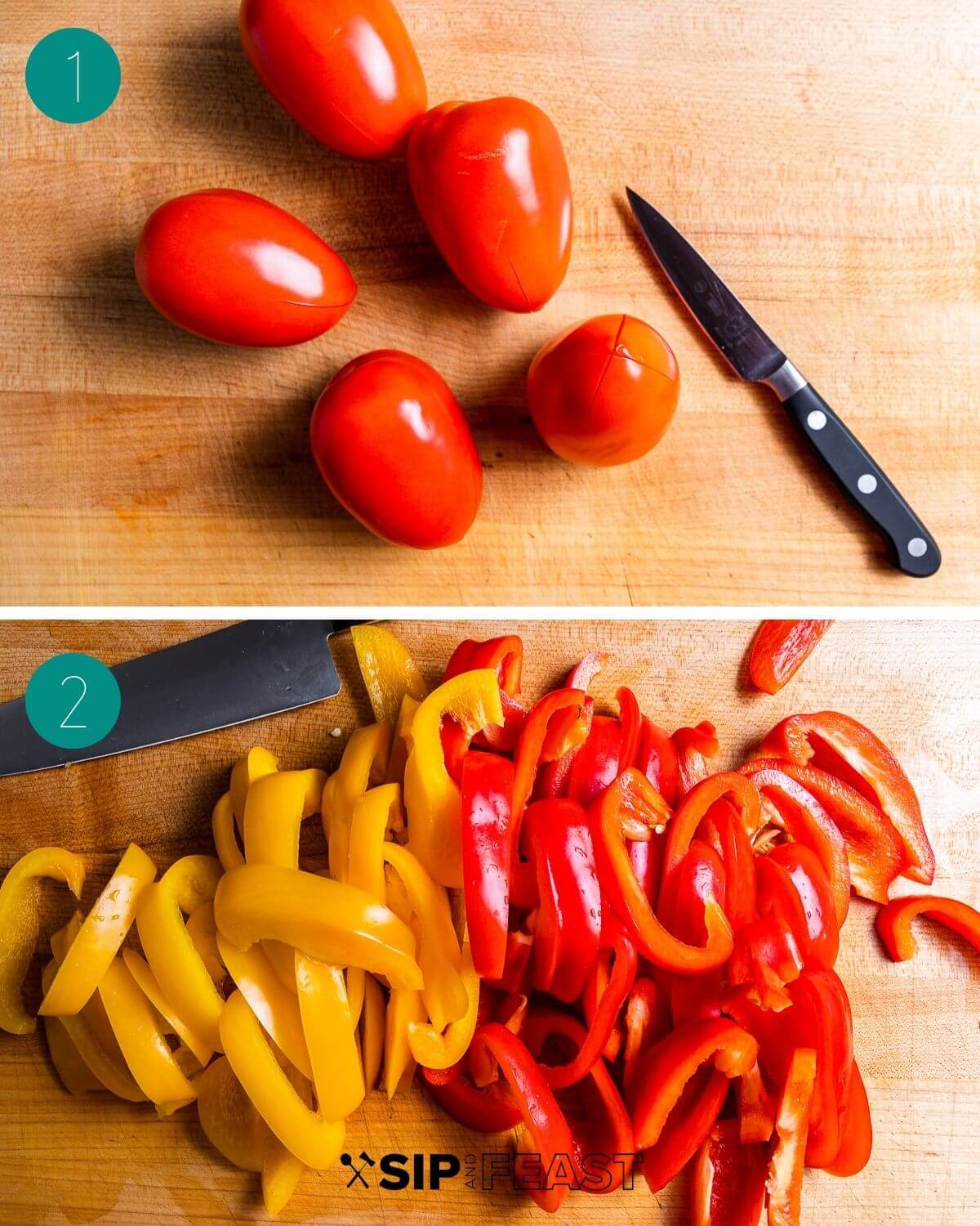 Peperonata recipe process shot collage group number one.