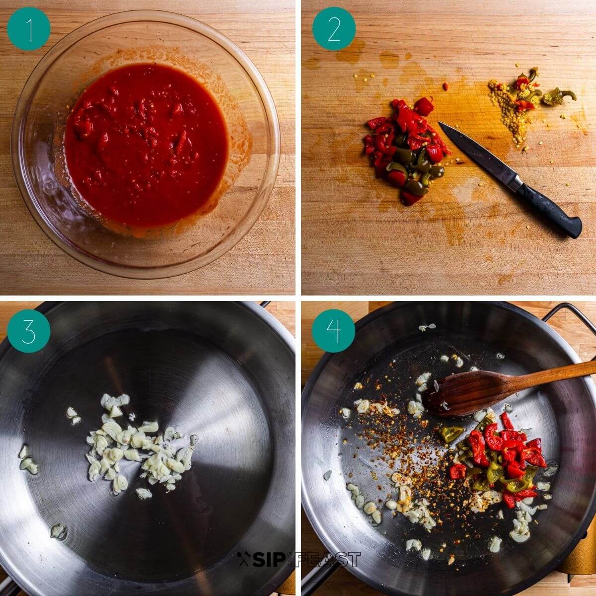 Spaghetti arrabbiata recipe process shot collage group number one.