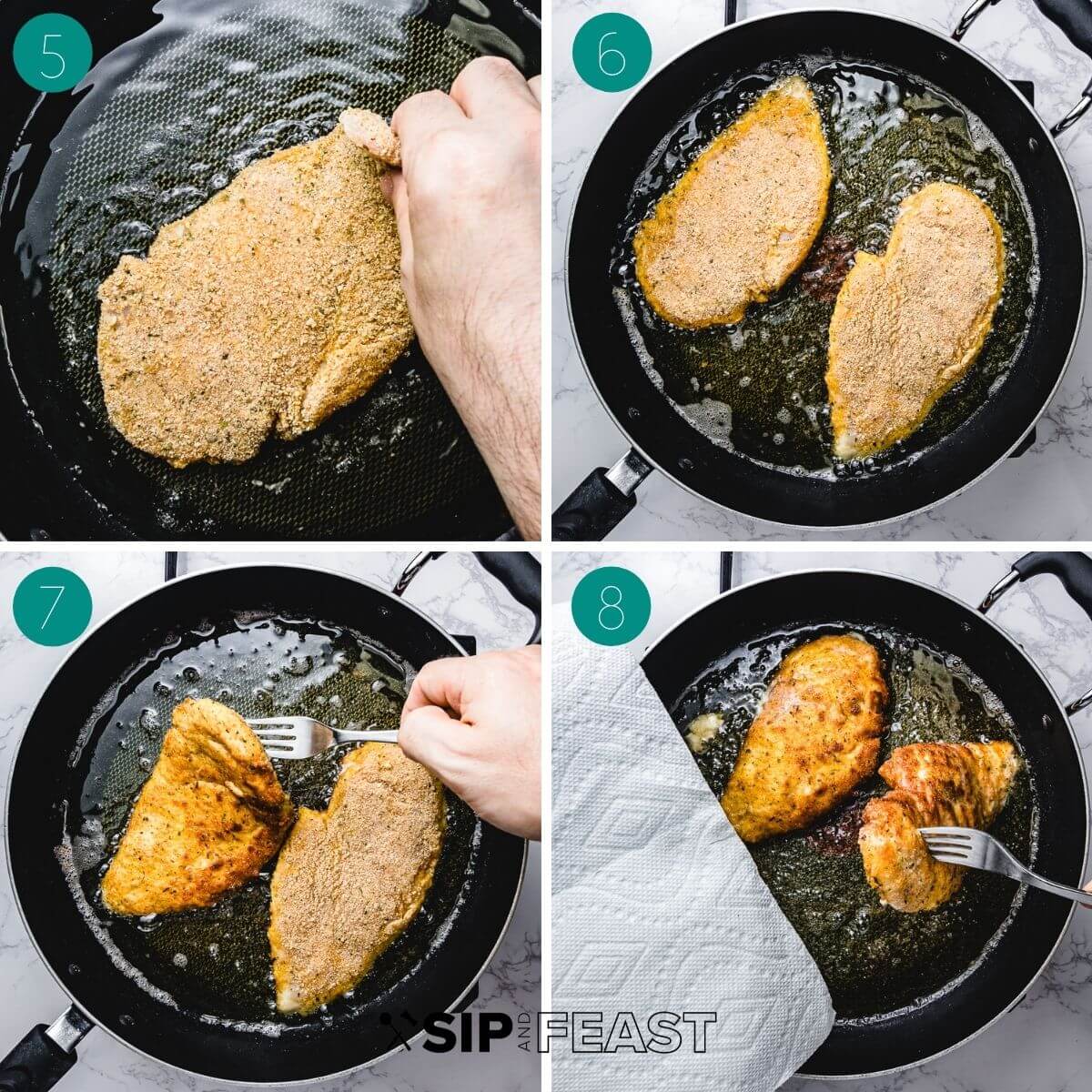 Chicken cutlet process (for chicken parmigiana) collage group number two.