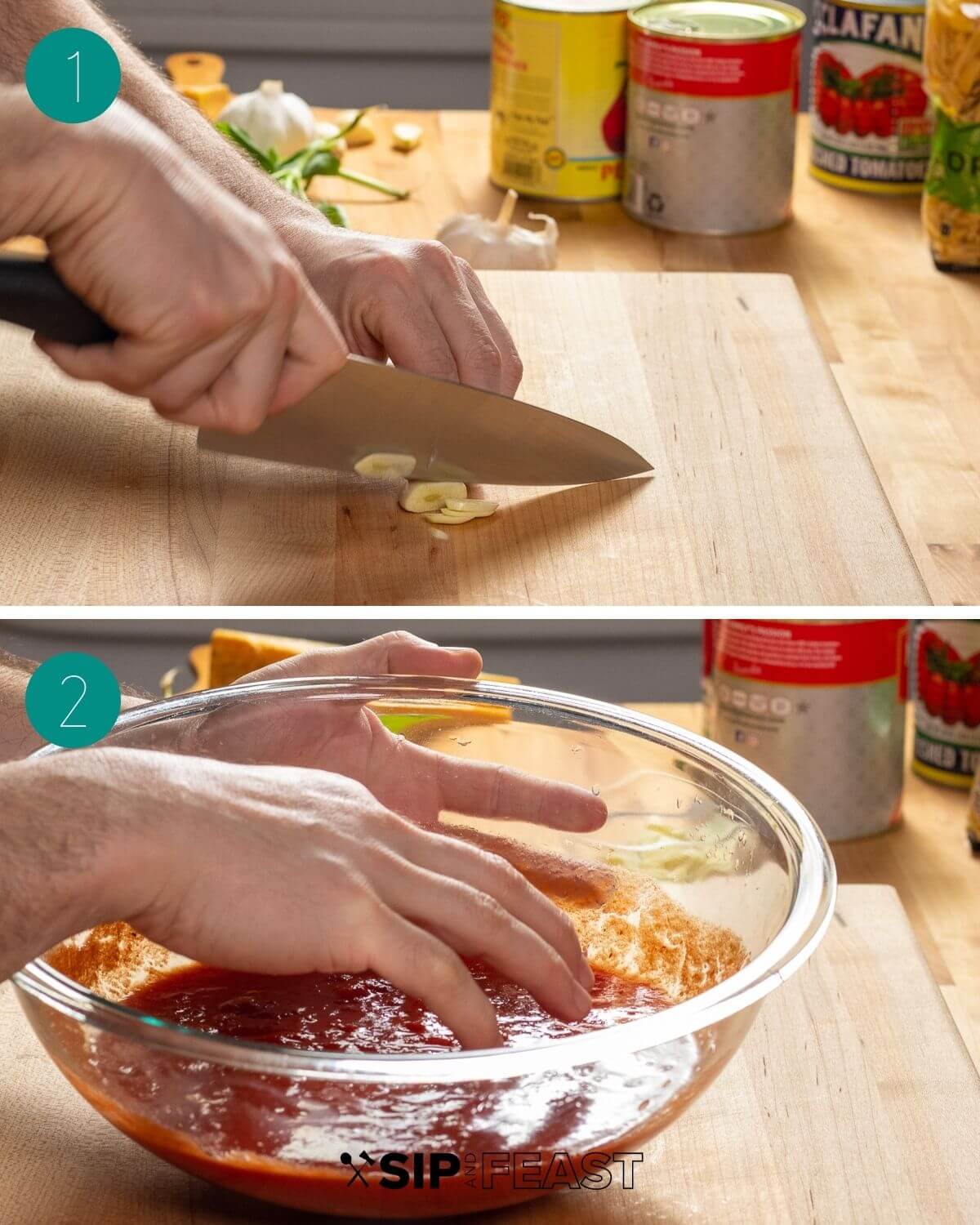 Sauce recipe collage (for chicken parmigiana) group number one showing sliced garlic and hands crushing tomatoes.