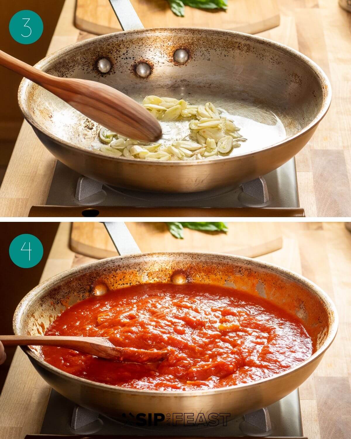 Sauce recipe collage (for chicken parmigiana) group number two showing garlic in pan and sauce in pan.