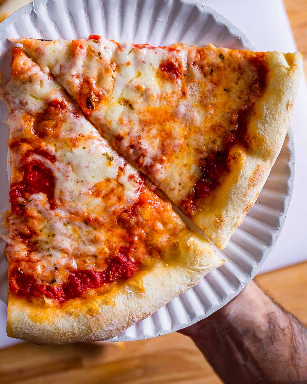 Two slices of New York pizza held in white plate.