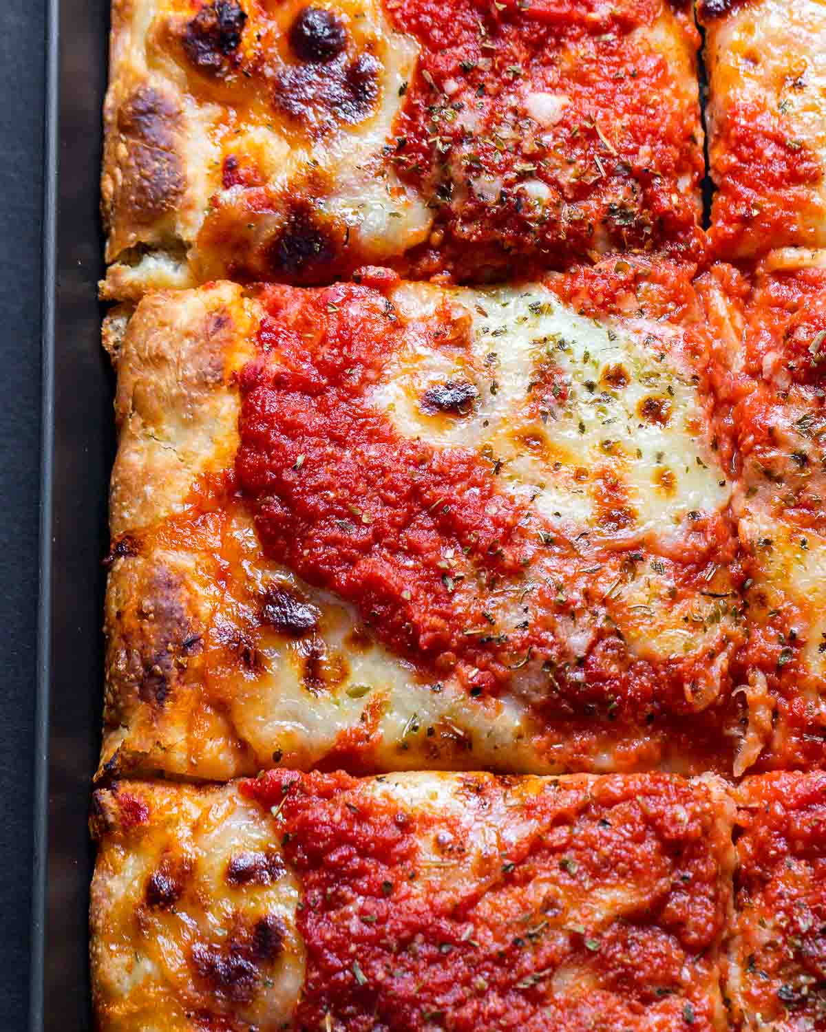 New York Sicilian pizza in pan.