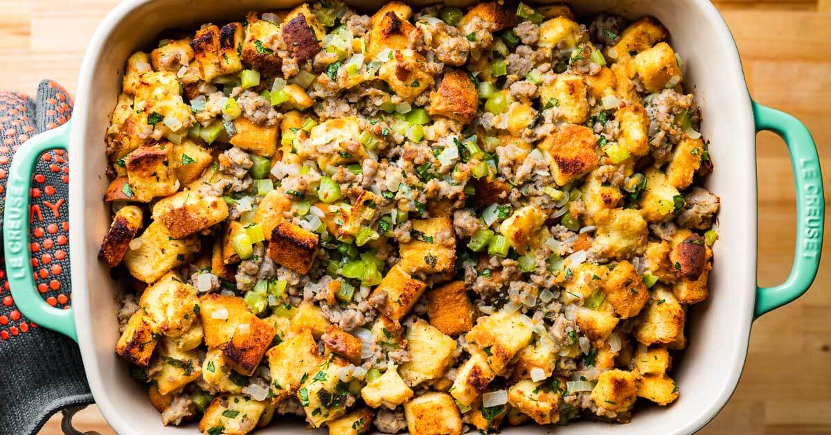 traditional bread & sausage stuffing - hot for food
