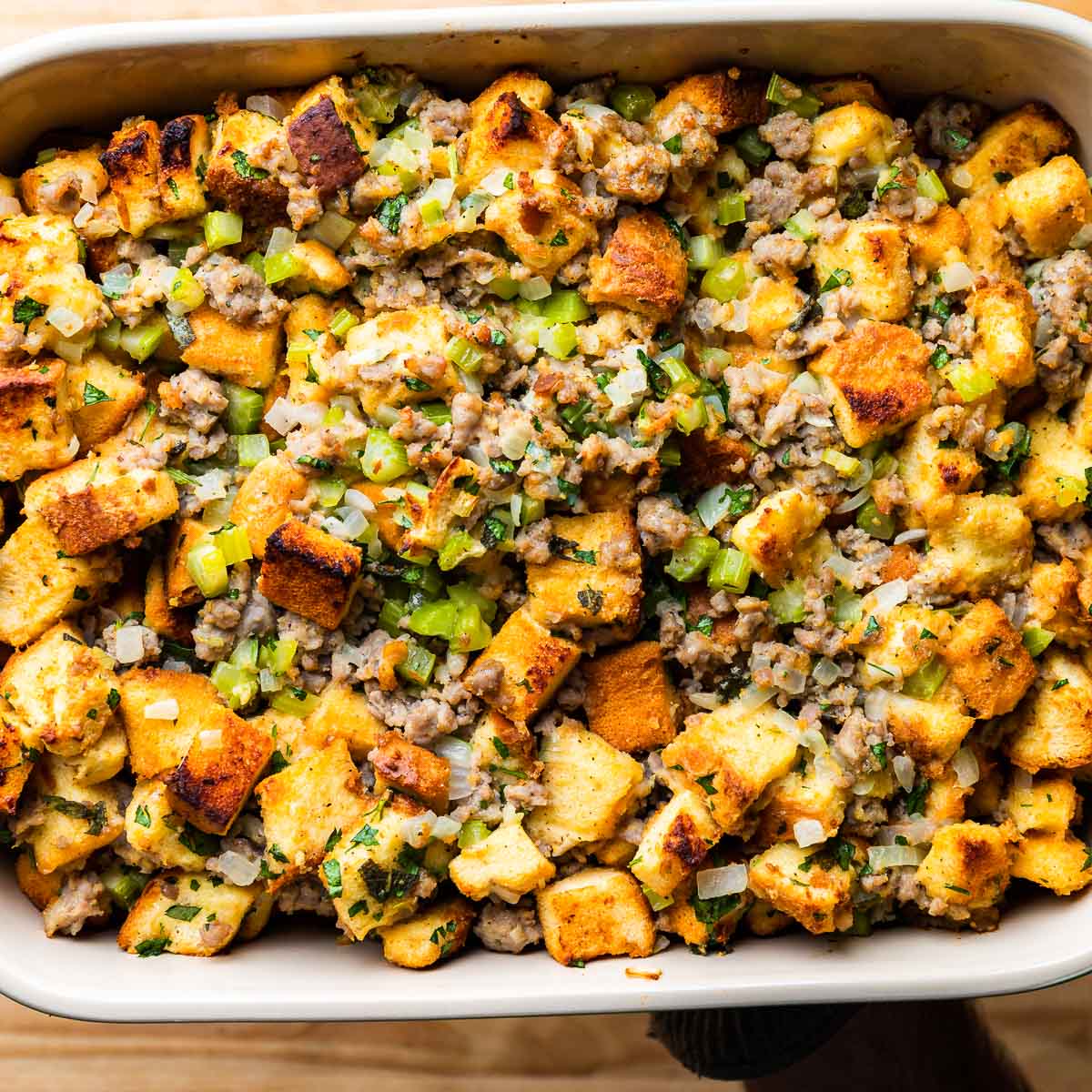 Italian Sausage Stuffing with Parmesan - Sip and Feast