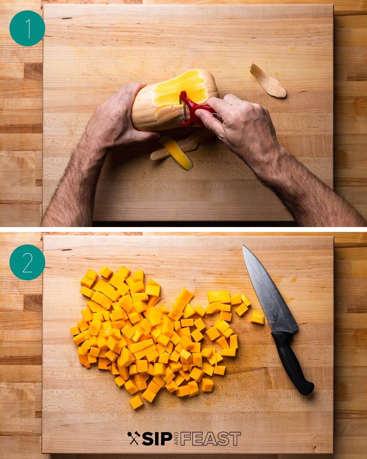 Baked butternut squash pasta recipe process collage group number one.