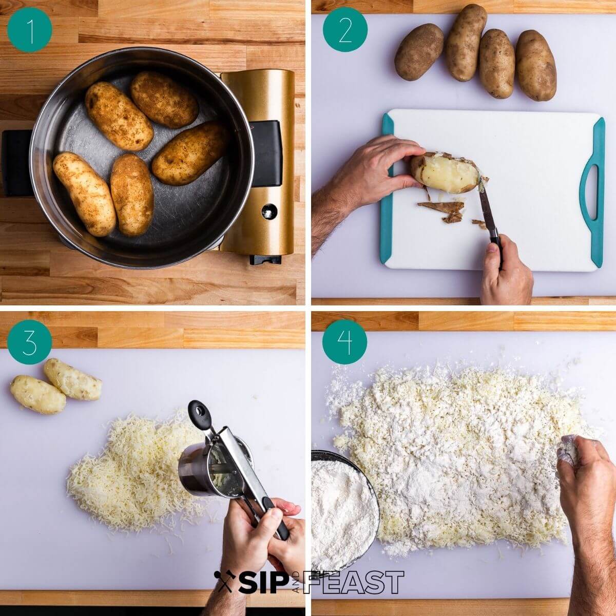 Homemade potato gnocchi recipe process shot collage group number one.