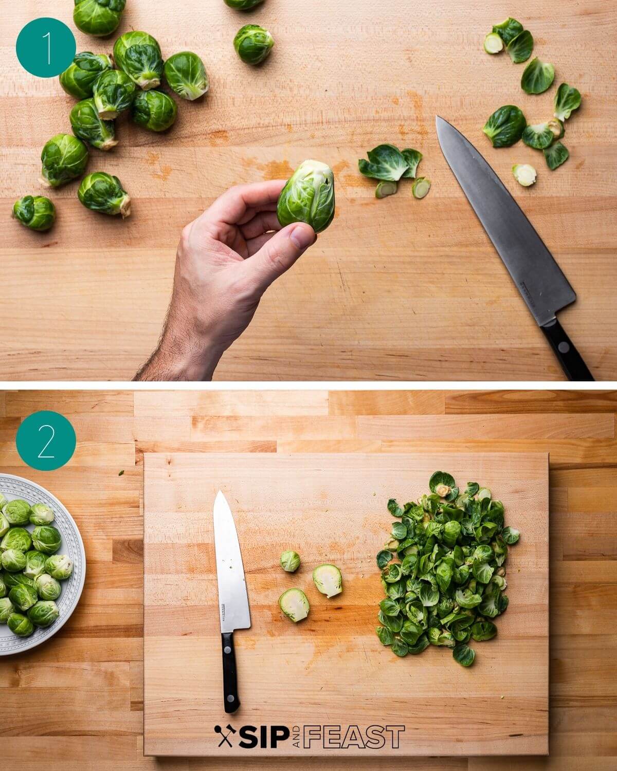 Honey balsamic brussels sprouts recipe process shot collage group number one showing brussels sprouts with leaves removed and cut.