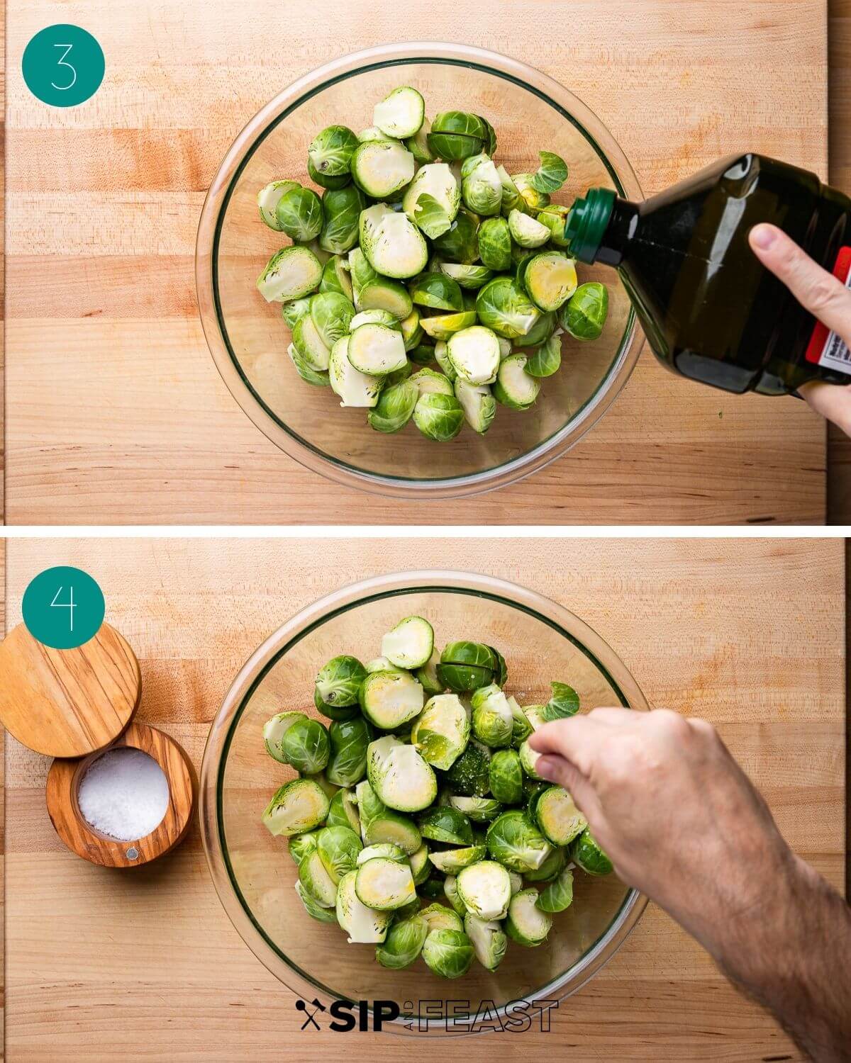 Recipe process shot collage group number two showing olive oil pouring on sprouts and salt.