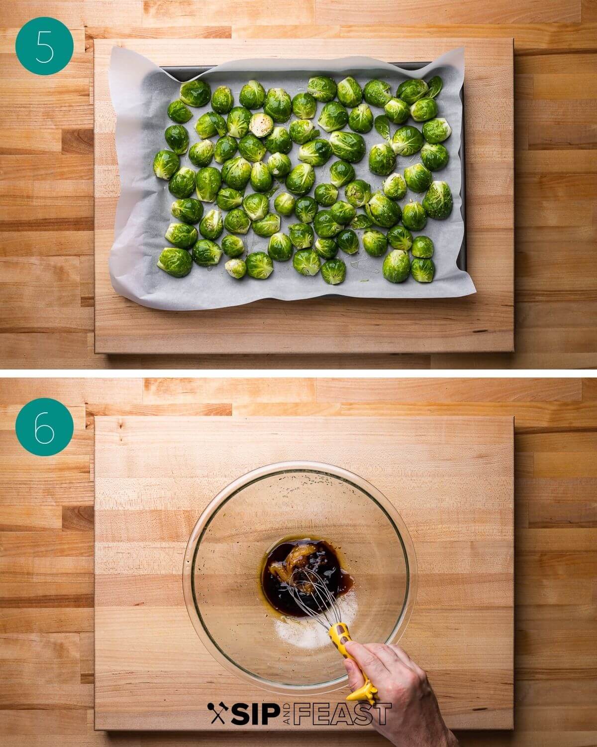 Recipe process shot collage group number three showing sprouts on a paper lined pan and whisking together honey and balsamic.