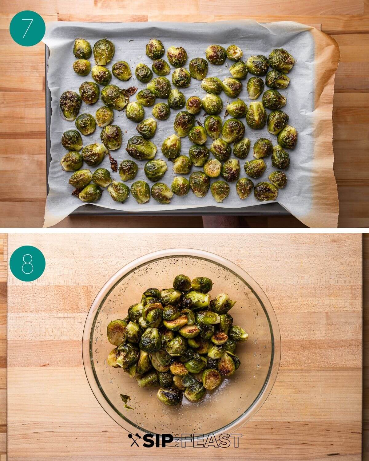 Recipe process shot collage group number four showing roasted sprouts in pan and being tossed with balsamic honey.