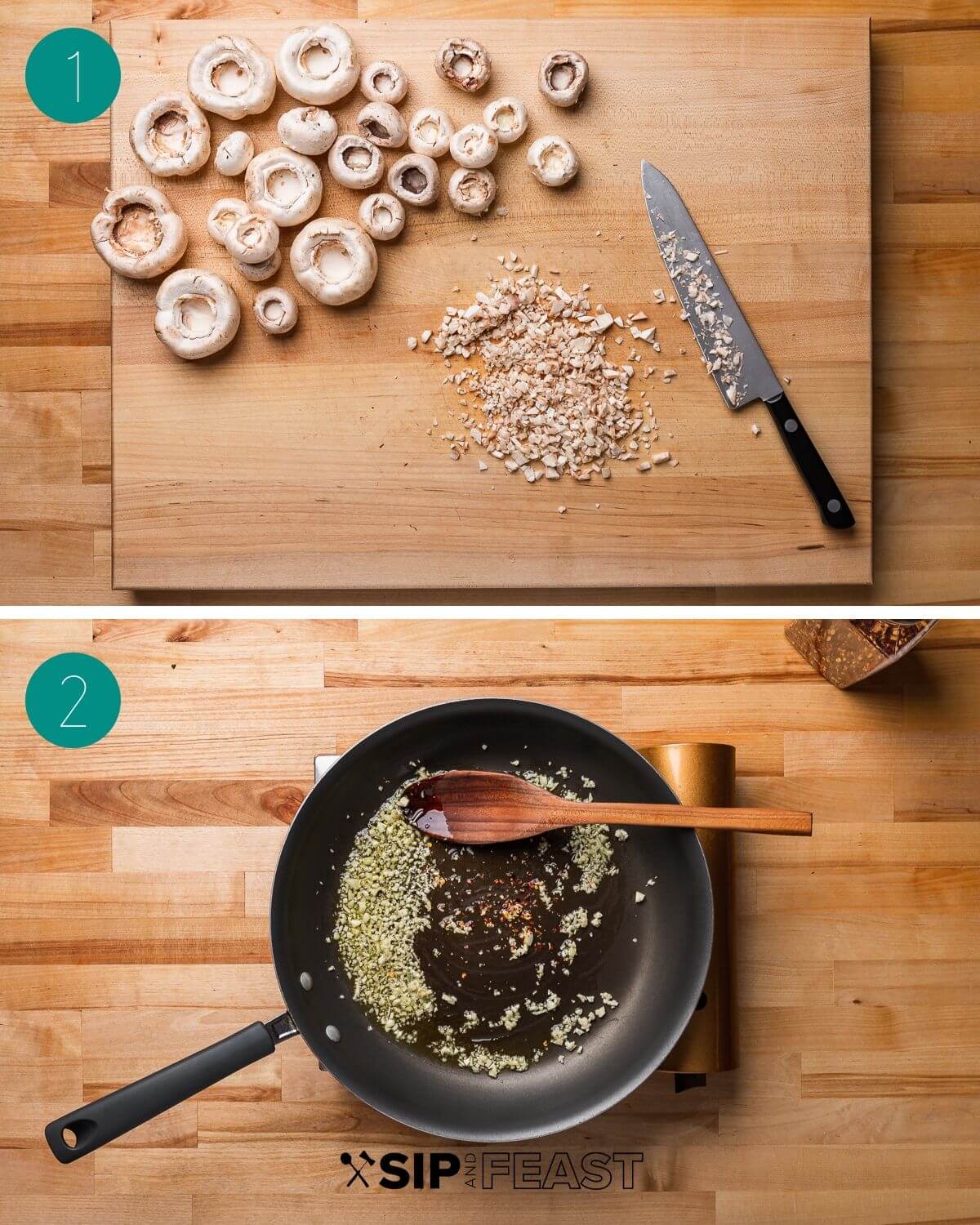 Italian stuffed mushrooms recipe process shot collage group number one showing mushrooms with stems chopped and a fry pan with butter.