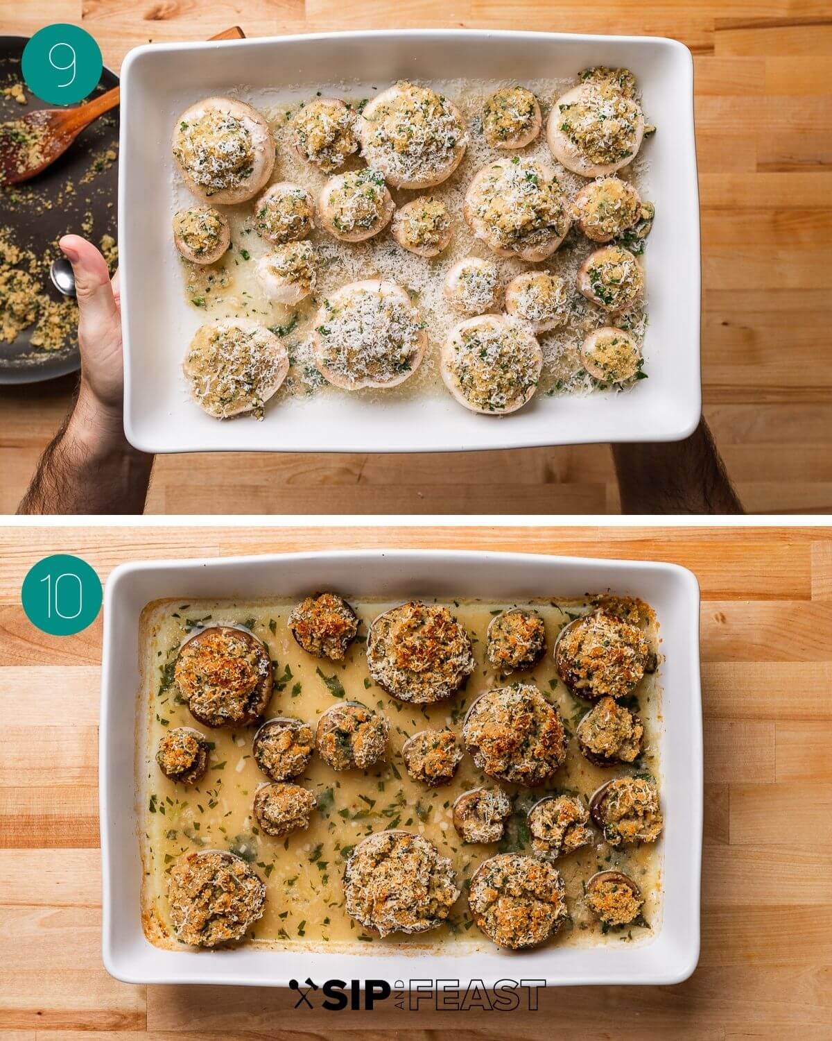 Italian stuffed mushrooms recipe process shot collage group number five showing cheese topped mushrooms before and after baking.