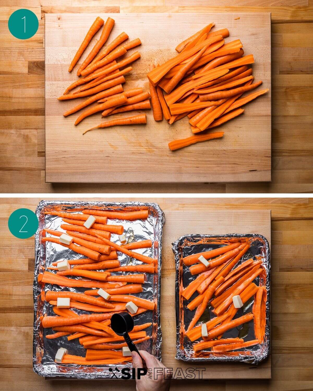 Maple roasted carrots recipe process shot collage group number one.