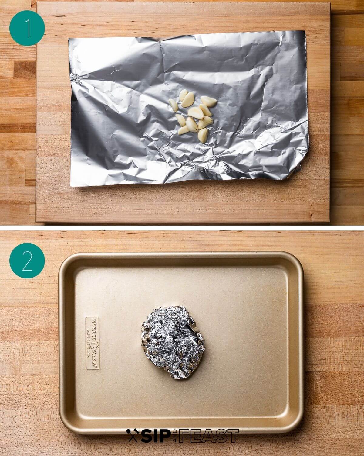 Roasted garlic mashed potatoes recipe process shot collage group number one shwoing garlic cloves wrapped in foil.