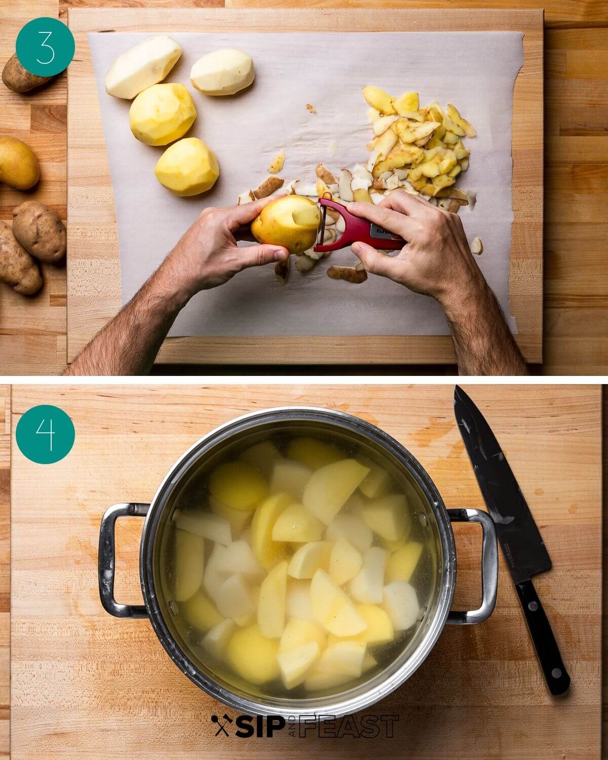 Recipe process shot collage group number two with hands peeling potatoes and potatoes in a pot of water.