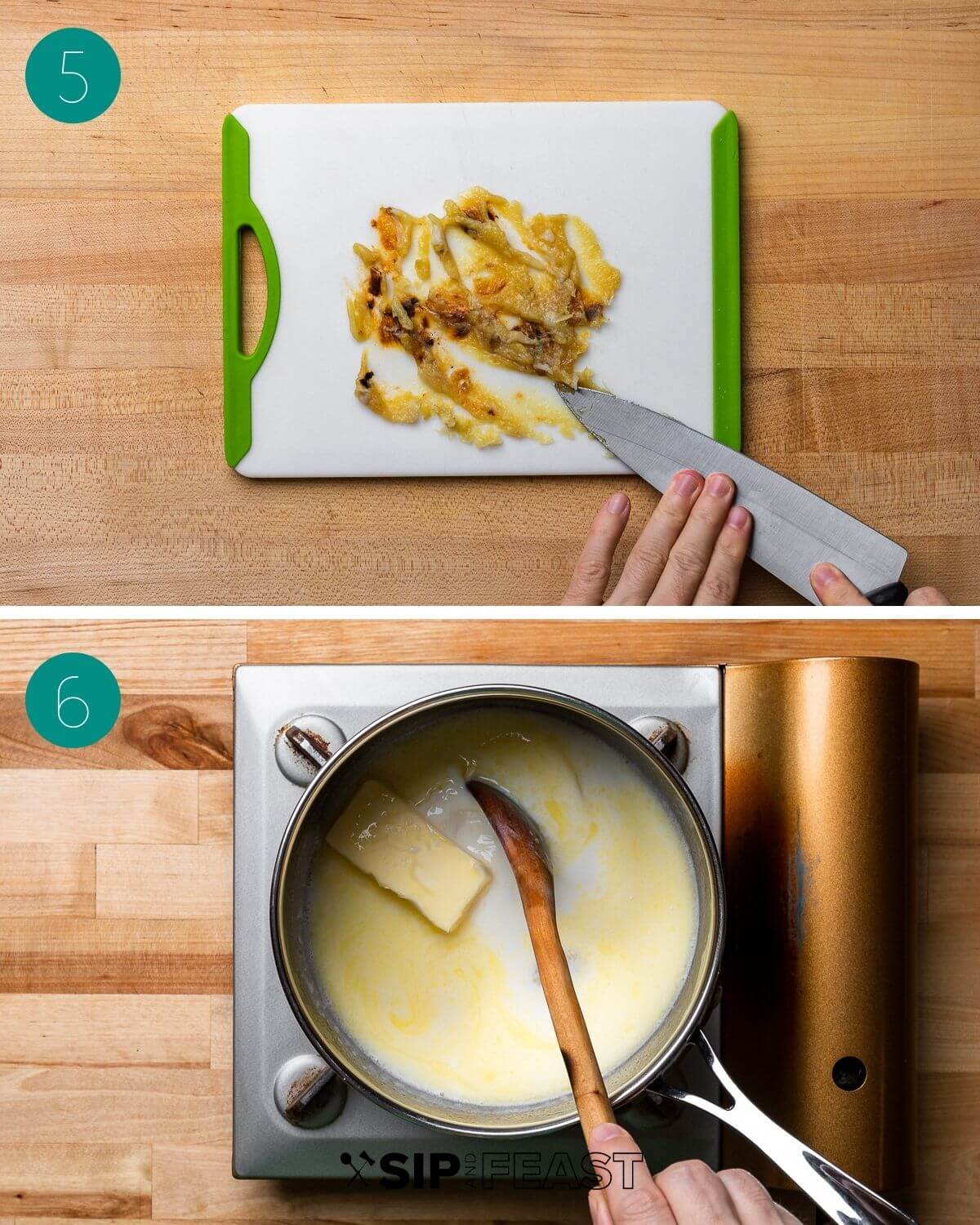 Recipe process shot collage group number three with a knife making a garlic paste and butter melting in a pan with milk.