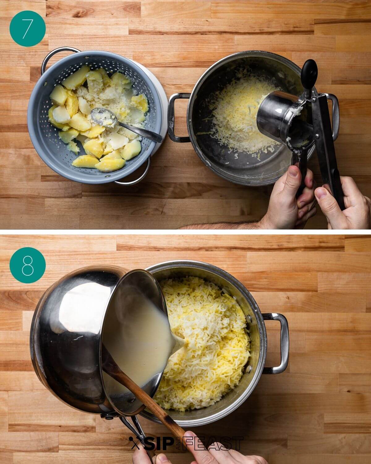 Recipe process shot collage group number four with potatoes in a colander alongside a ricing tool and a pot of riced potatoes with milk butter mixture pouring.