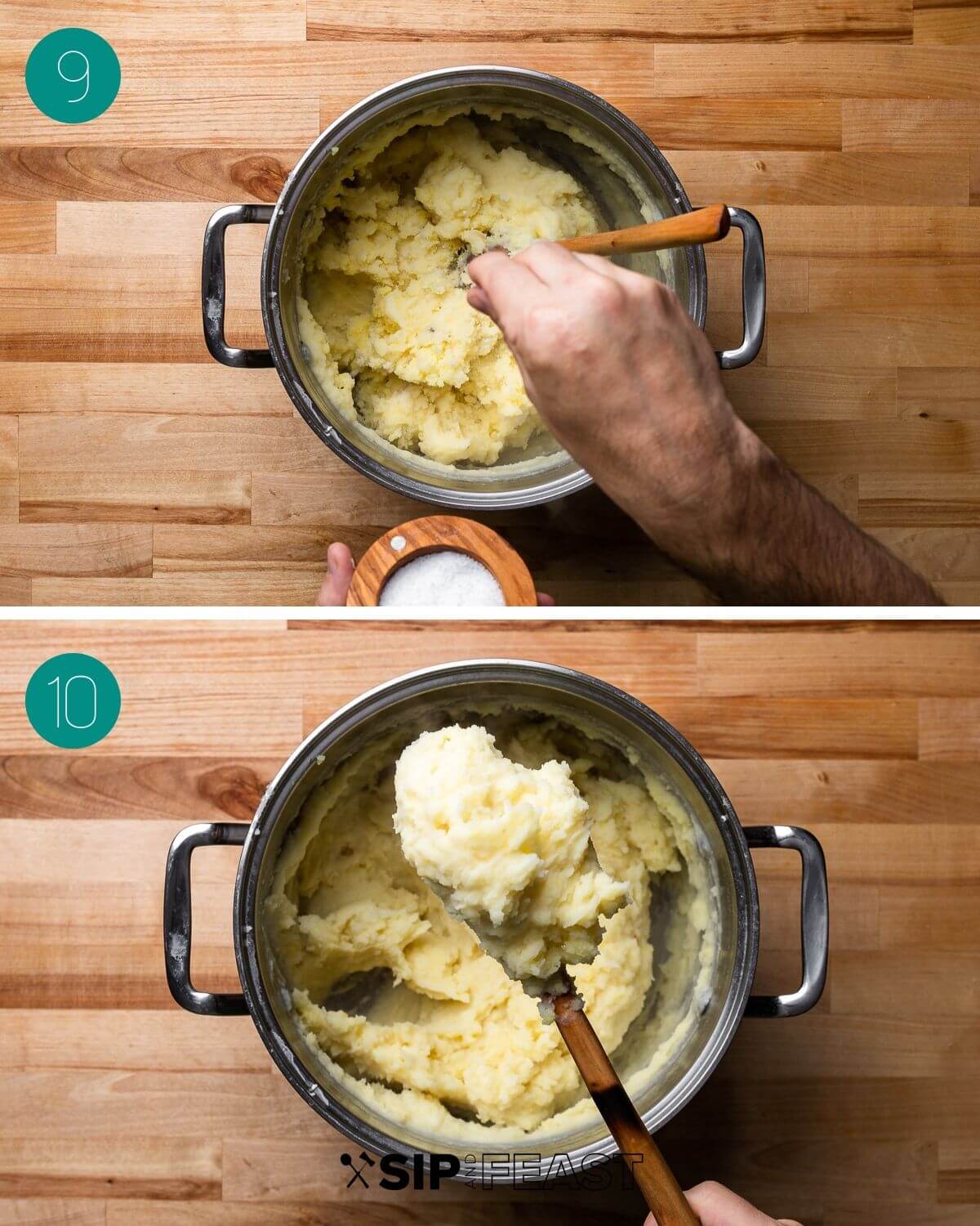 Recipe process shot collage group number five with hands sprinkling salt into pot of potatoes and a spoonful of potatoes.