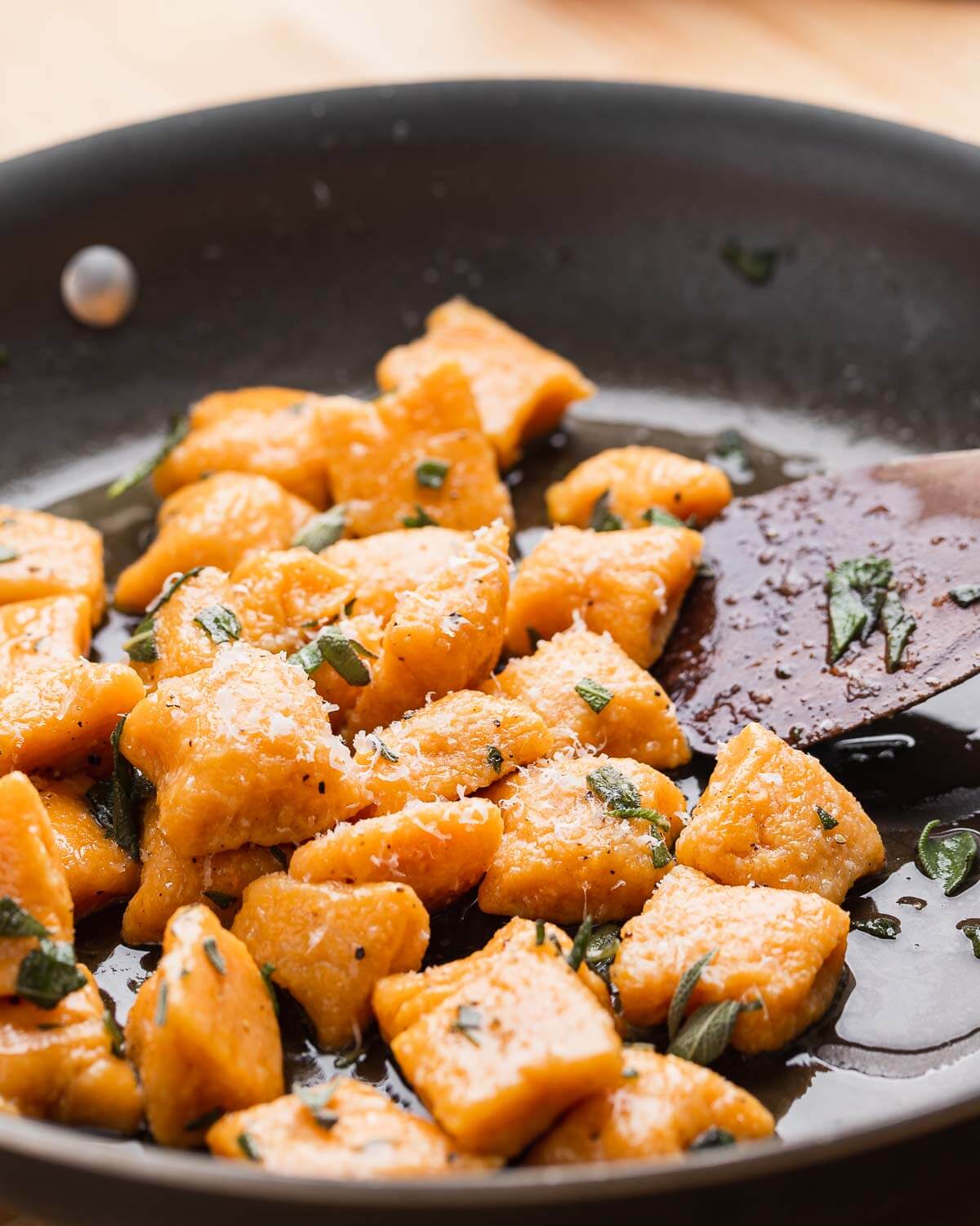 Large pan with sweet potato gnocchi.