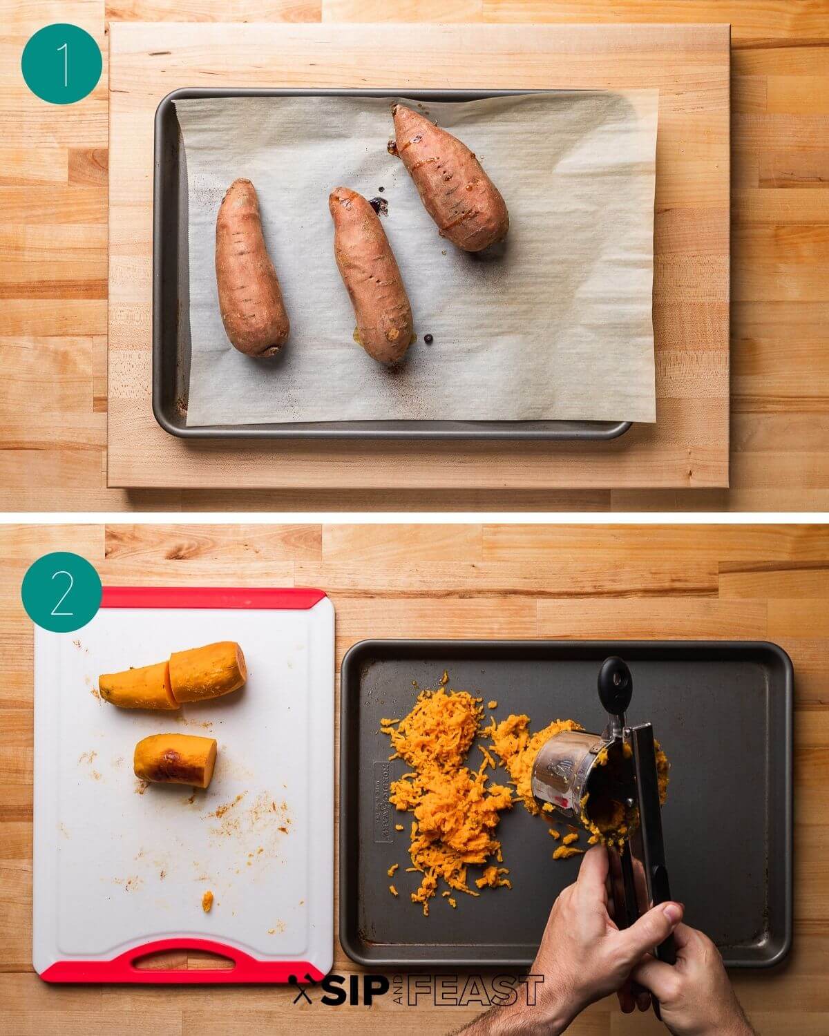 Sweet potato gnocchi process collage showing 3 baked sweet potatoes and ricing.