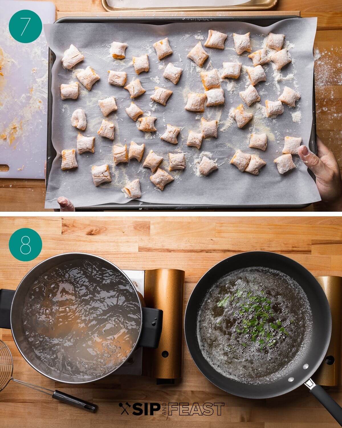 Process shot collage group 4 showing floured gnocchi on parchment paper and pots of boiling water and sage brown butter sauce.