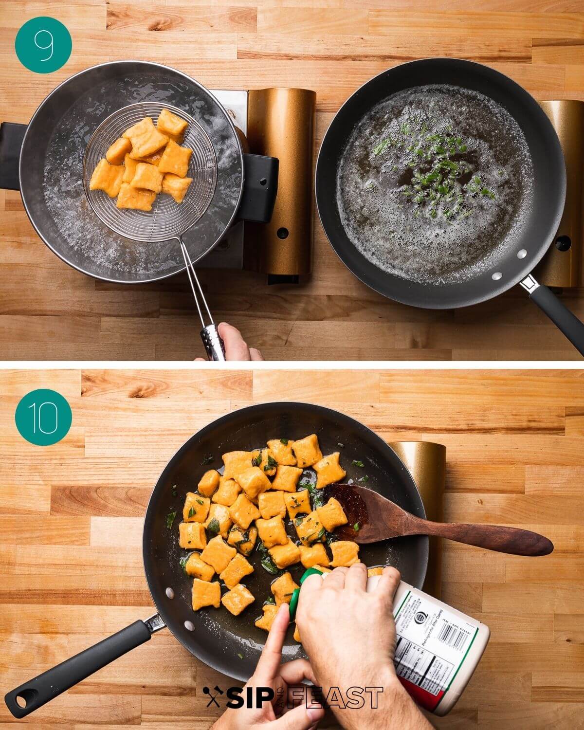 Recipe process collage group 5 showing gnocchi over boiling water beside butter sauce and finished gnocchi in pan with maple syrup.