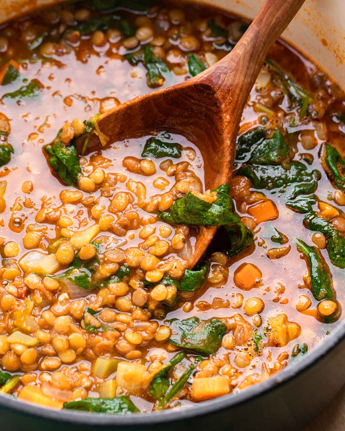 Large wooden ladle in pot of lentil soup.