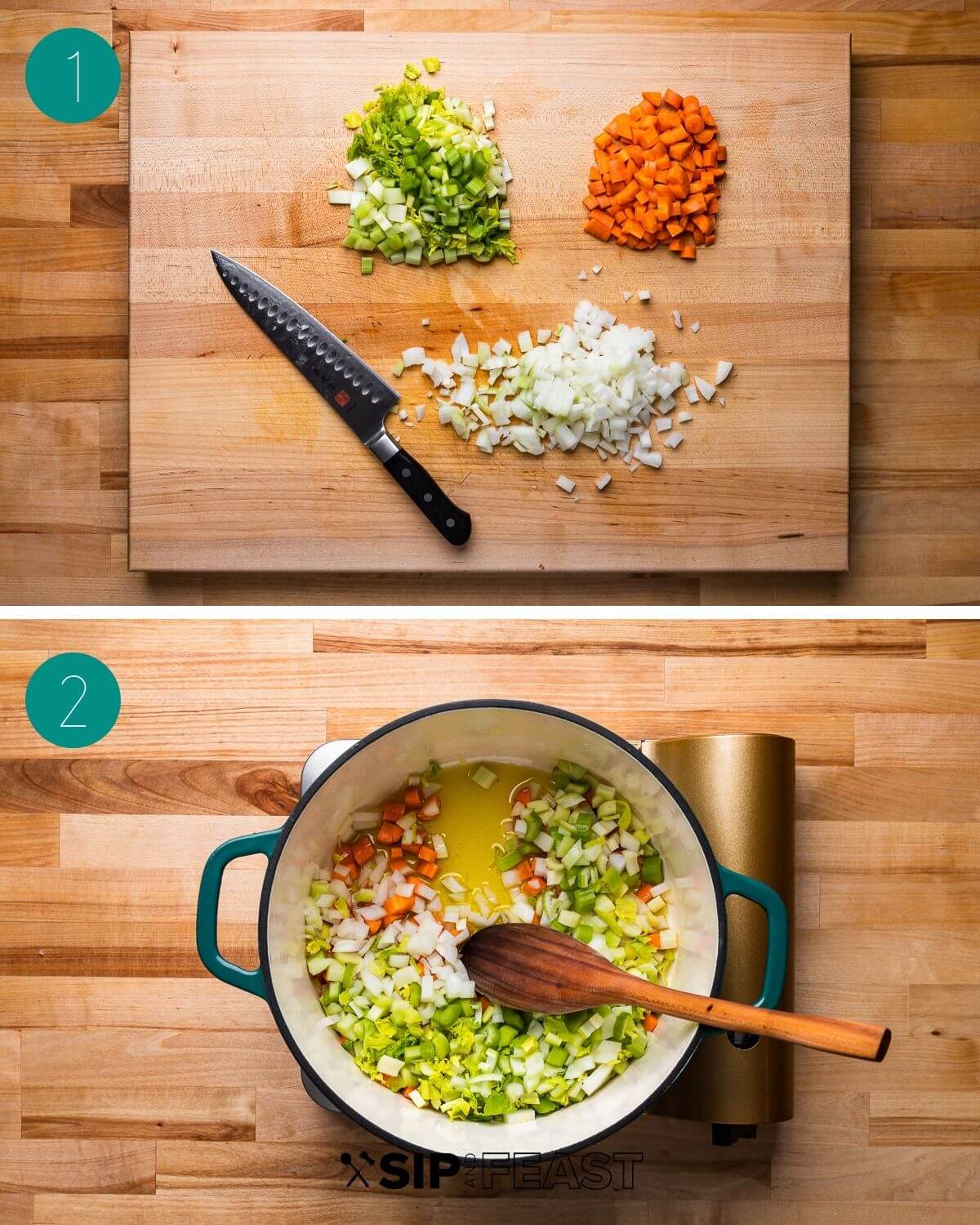 Italian lentil soup recipe process shot collage group number one showing chopped carrots celery and onion simmering in a dutch oven.