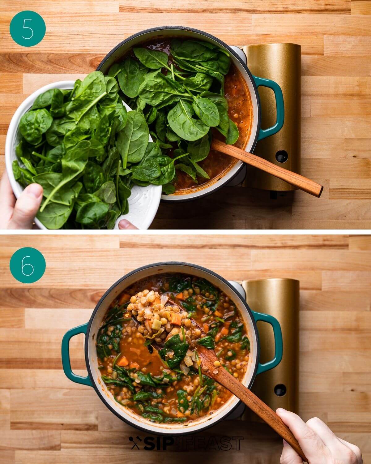 Recipe process shot collage group number three showing spinach added to pot and finished soup with spinach..