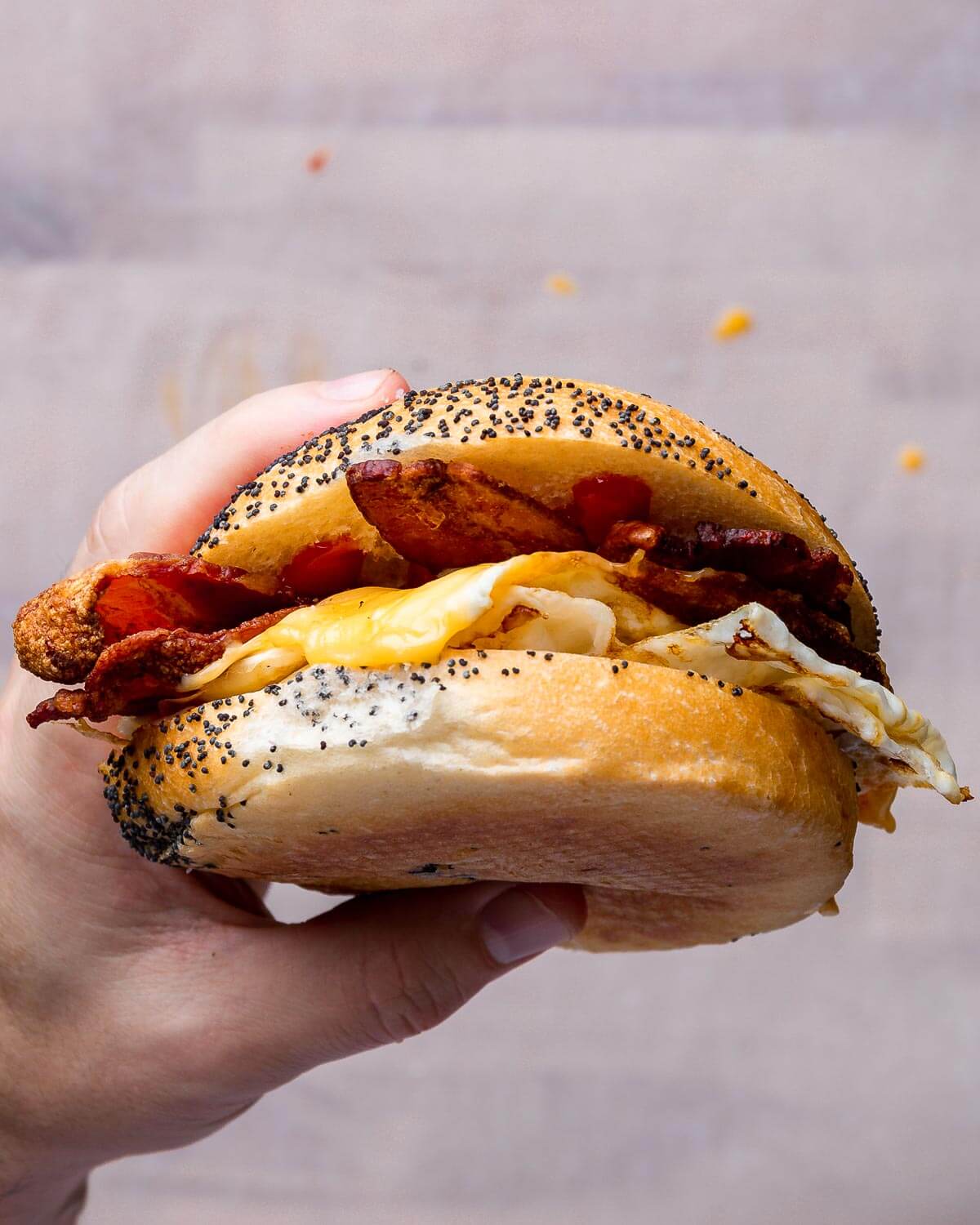 Hand holding a cooked bacon egg and cheese sandwich.
