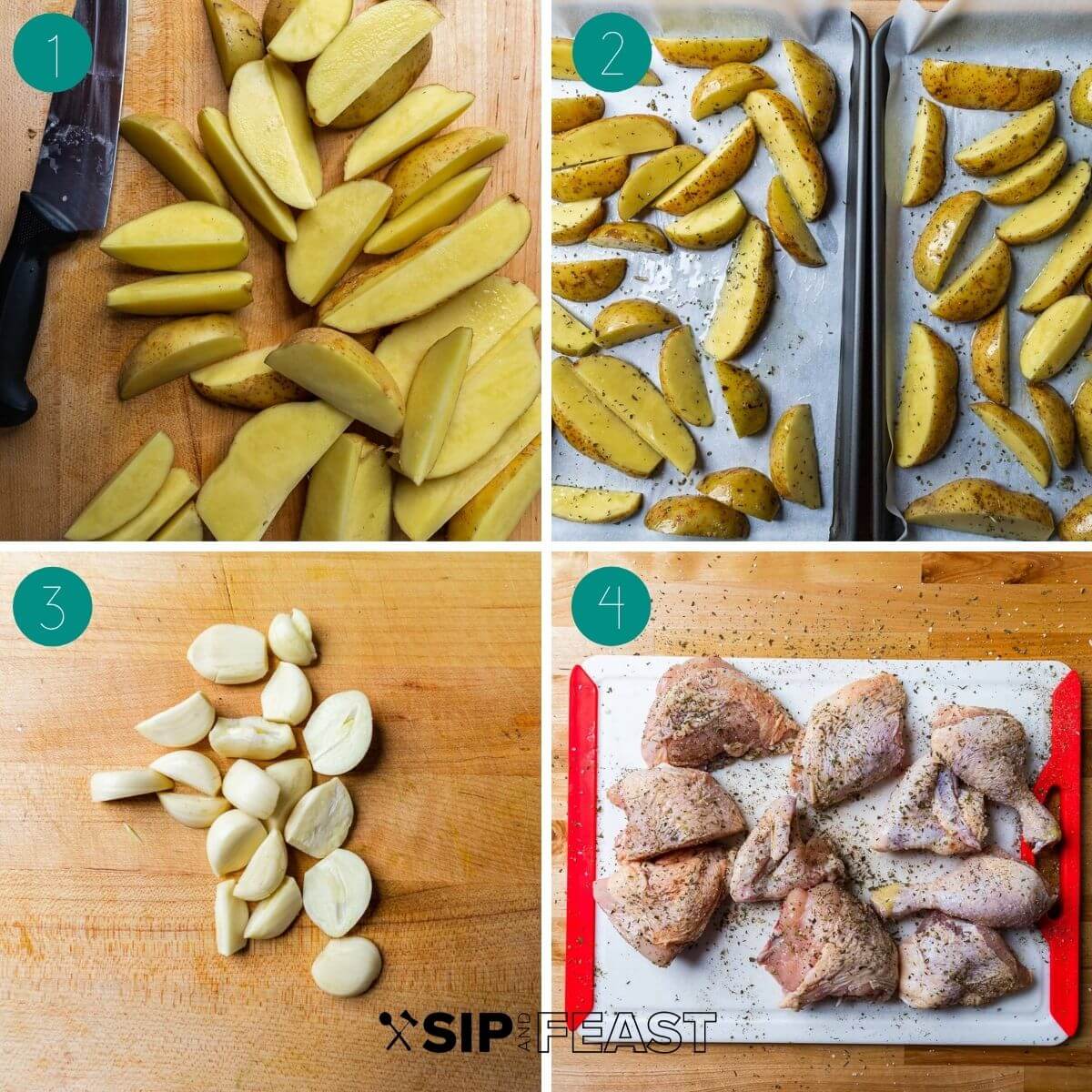 Chicken vesuvio recipe process shot collage group number one with potato wedges on baking sheet, sliced onion, and seasoned raw chicken pieces.