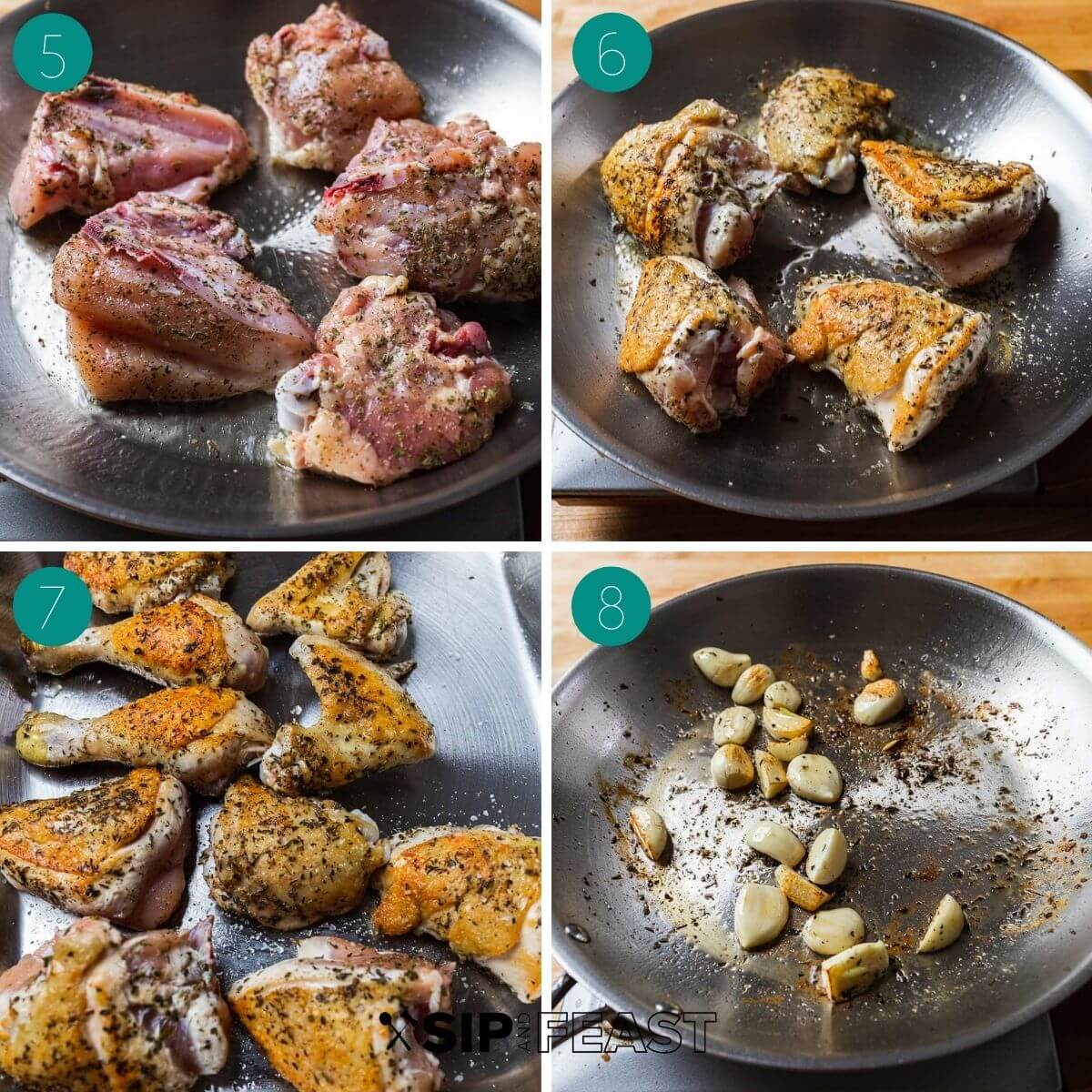 Recipe process shot collage group number two with chicken pieces searing in a fry pan and garlic garlic cloves in the same fry pan.