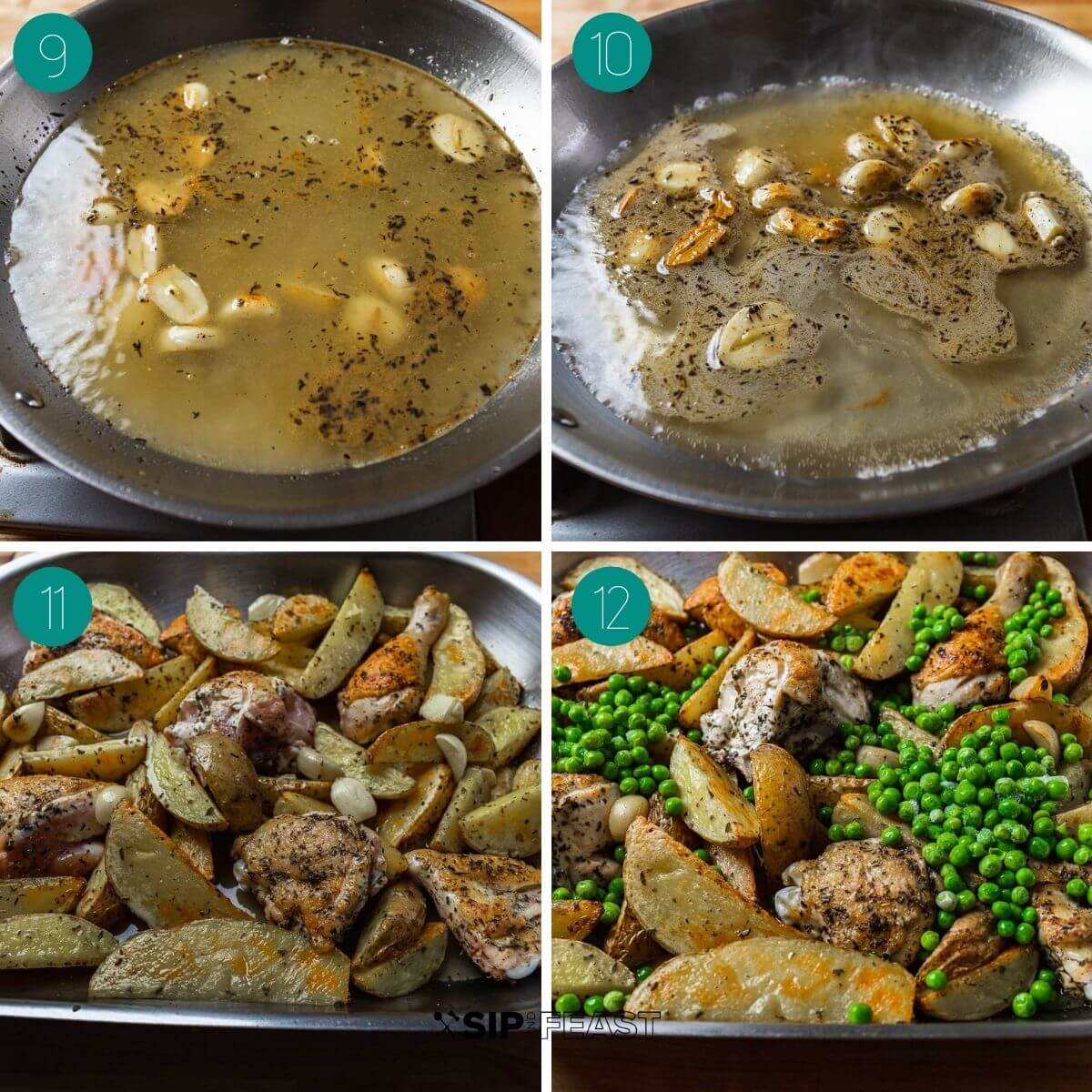 Recipe process shot collage group number three with garlic, white wine and chicken stock in fry pan and potatoes, chicken, peas in roasting pan.