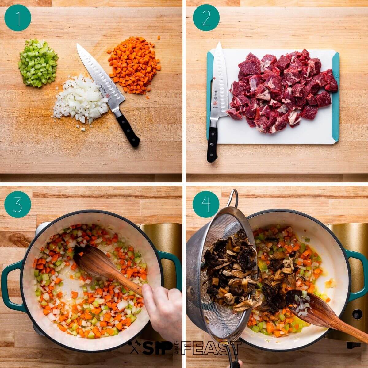 Italian beef stew recipe process shot collage group number one shwoing chopped veggies, cubed beef, sauteed veggies and mushrooms.