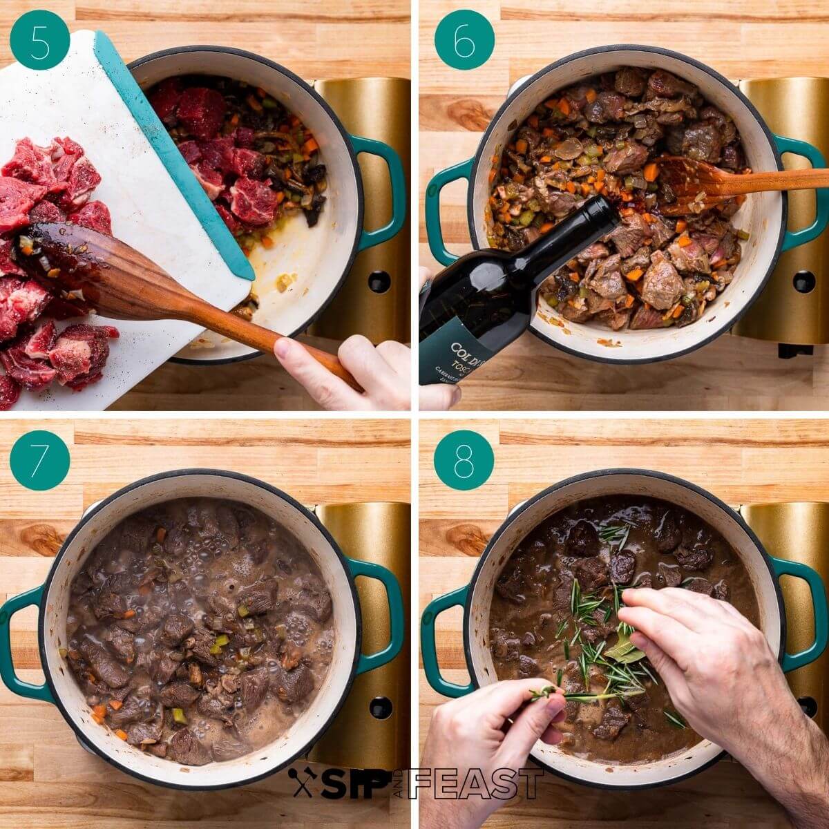 Recipe process shot collage group number two showing beef searing in dutch oven, adding wine and veggies, adding herbs.