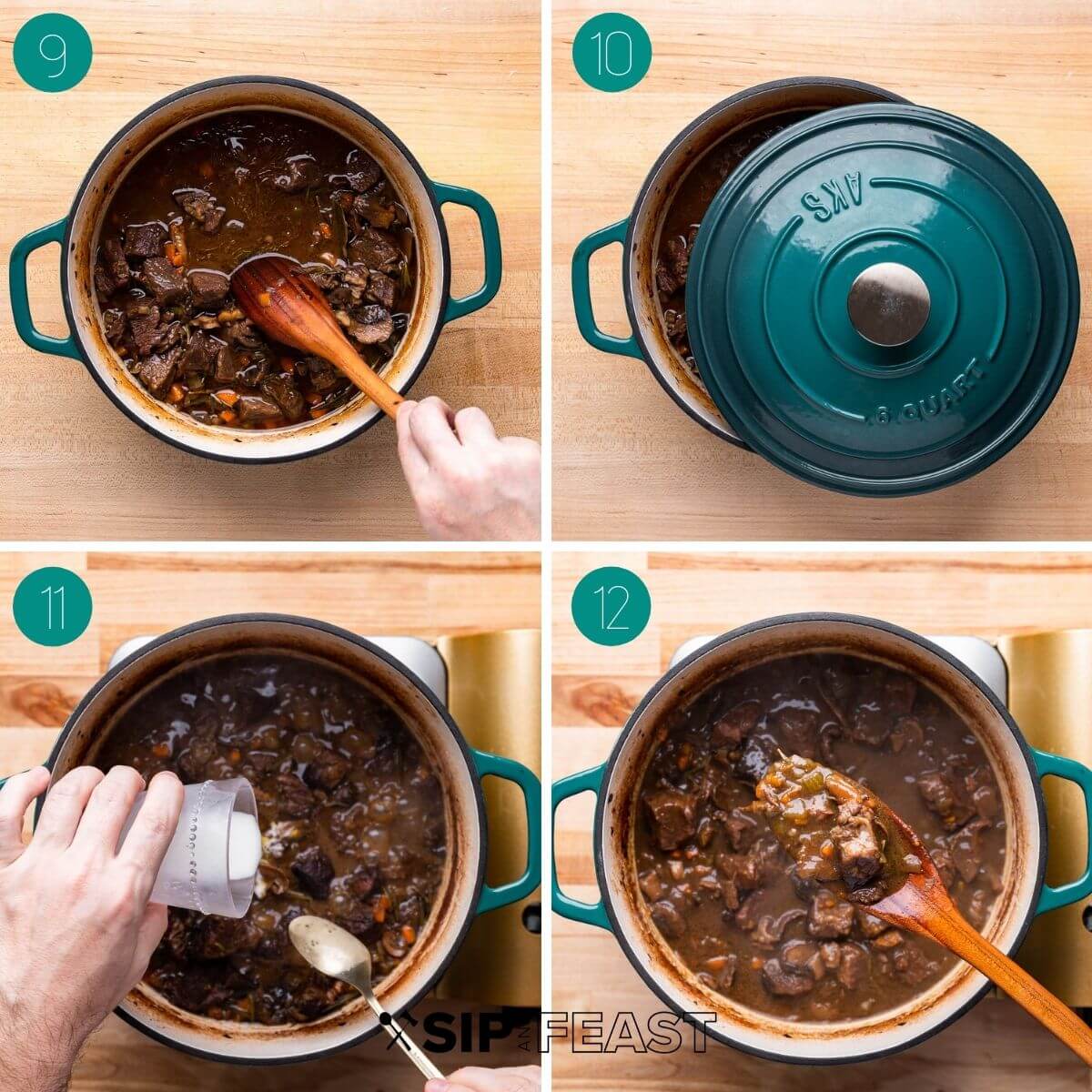 Recipe process shot collage group number three showing beef braising in dutch oven, covered dutch oven, adding slurry to pot, and final thickened stew.