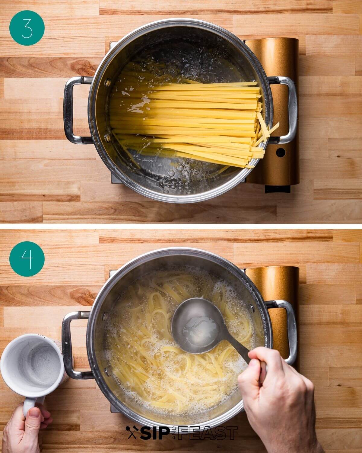 Recipe process shot collage group number two showing uncooked pasta in pot with water, and cooked pasta in pot with ladle.