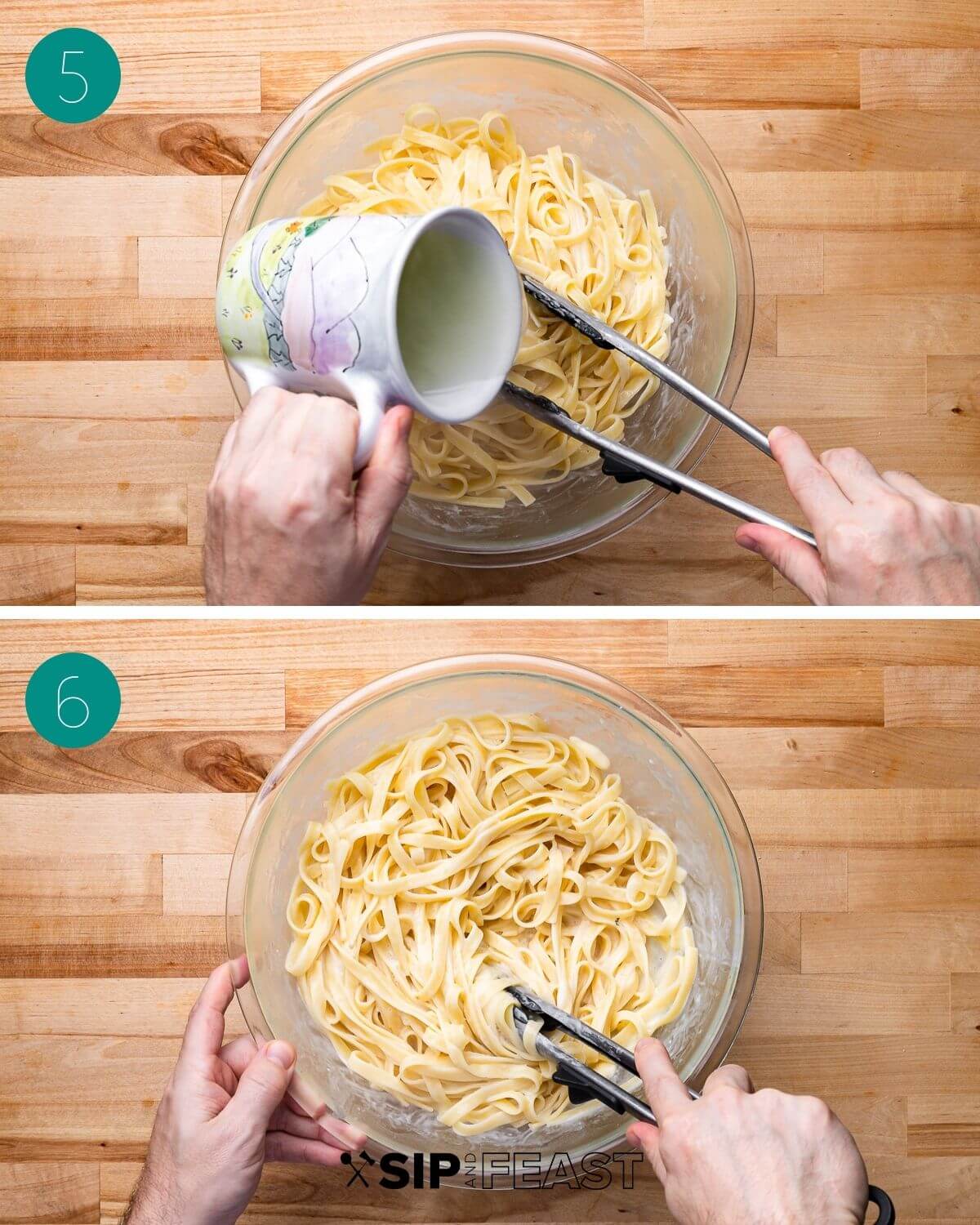 Recipe process shot collage group number three showing pasta water added to bowl of pasta and tongs mixing pasta and sauce.