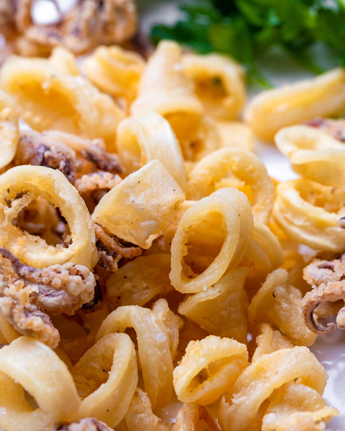 Close up shot of fried calamari.