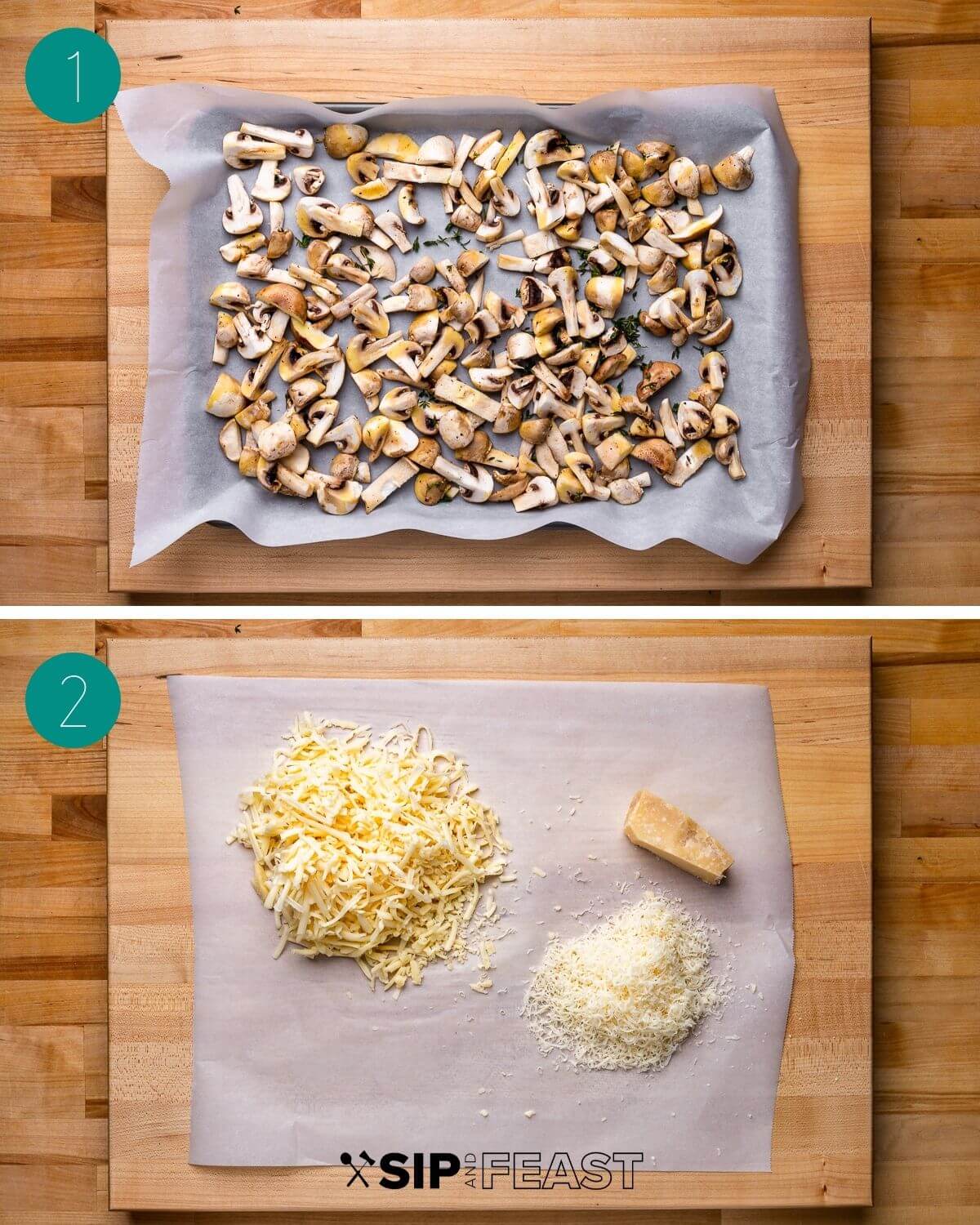 Creamy mushroom pasta bake recipe process shot collage group number one.