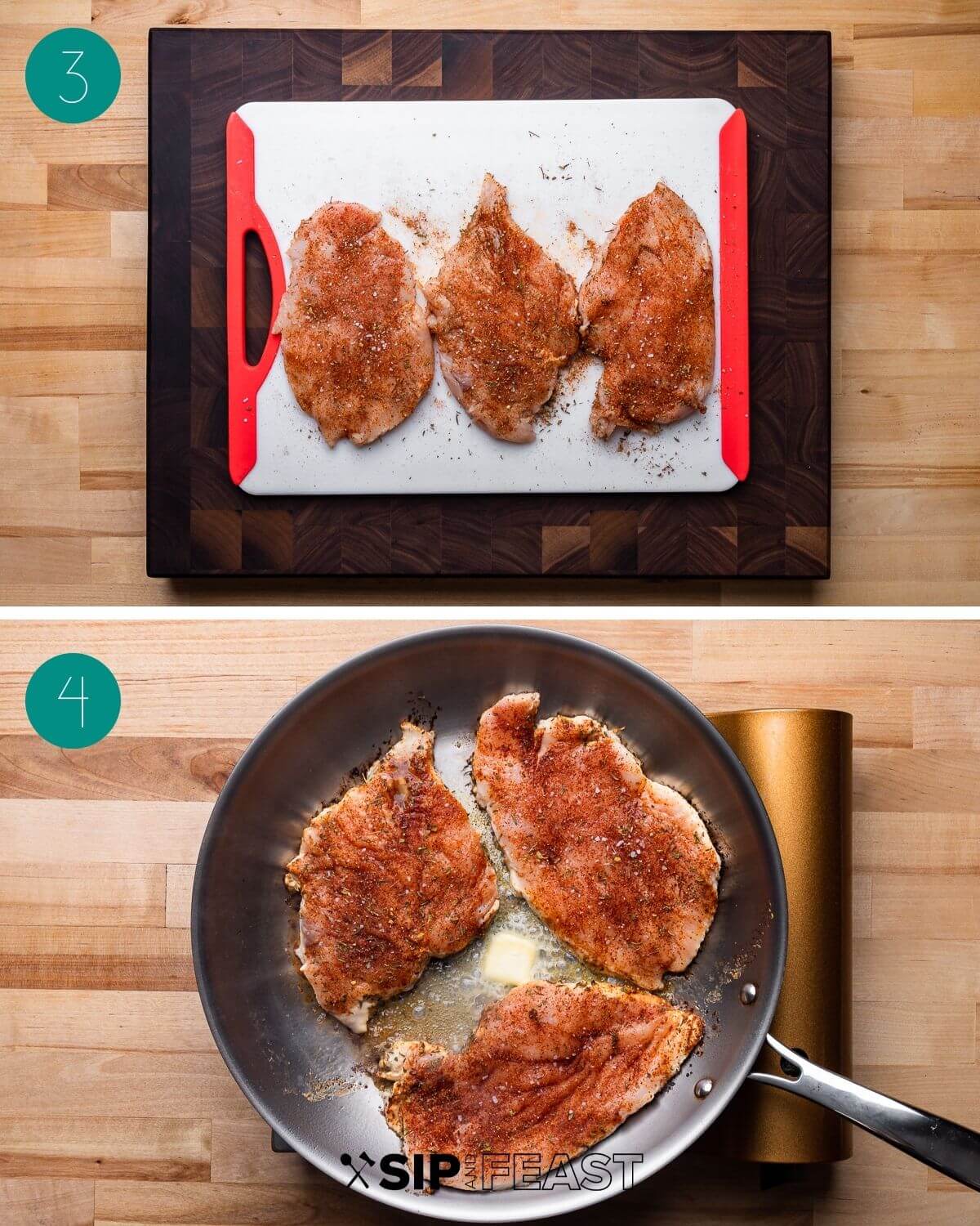 Recipe process shot collage group number two showing seasonend cutlets and cutlets cooking in pan with butter.