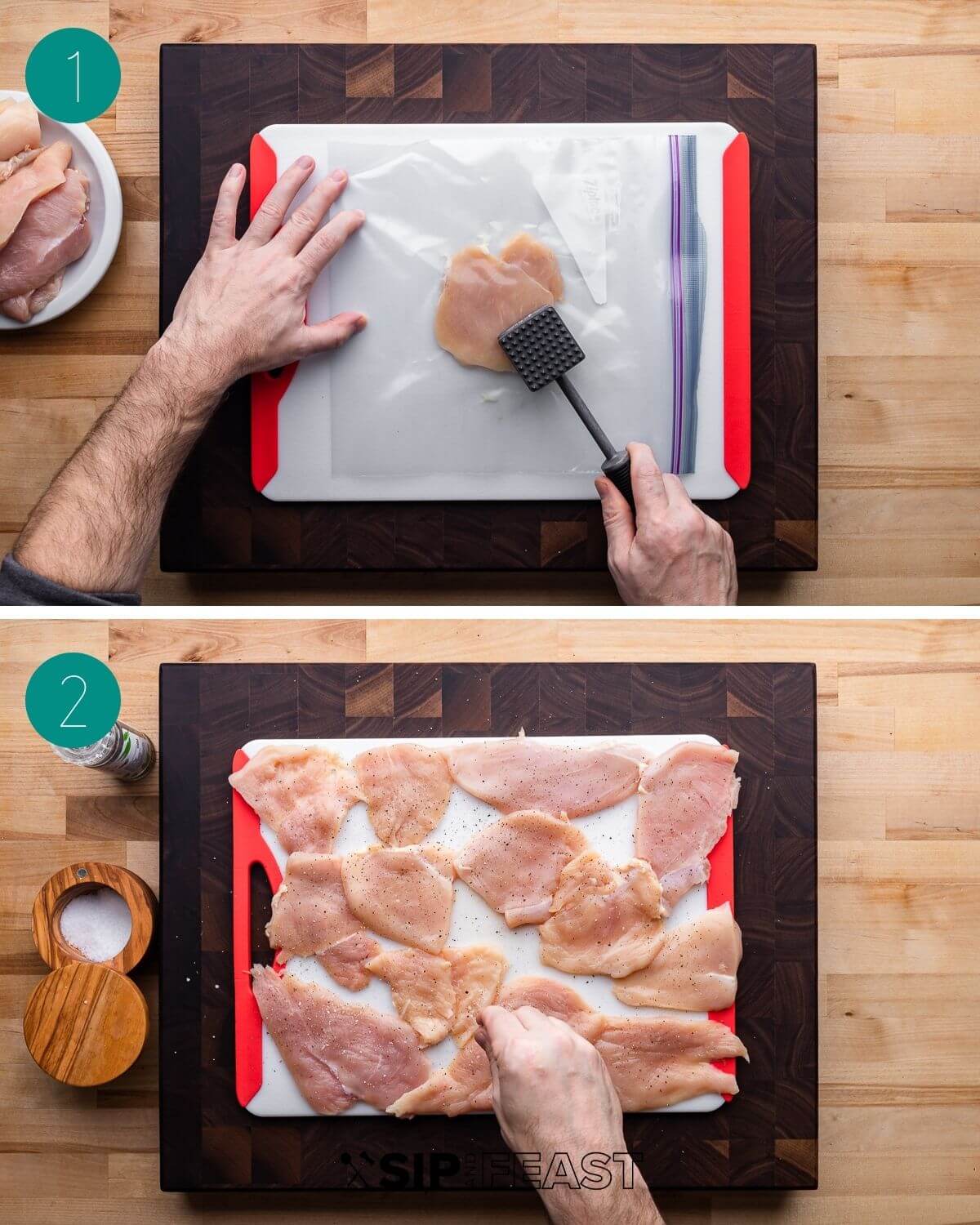 Chicken saltimbocca recipe process shot collage group number one showing flattening cutlets with meat mallet and seasoning with salt and pepper.