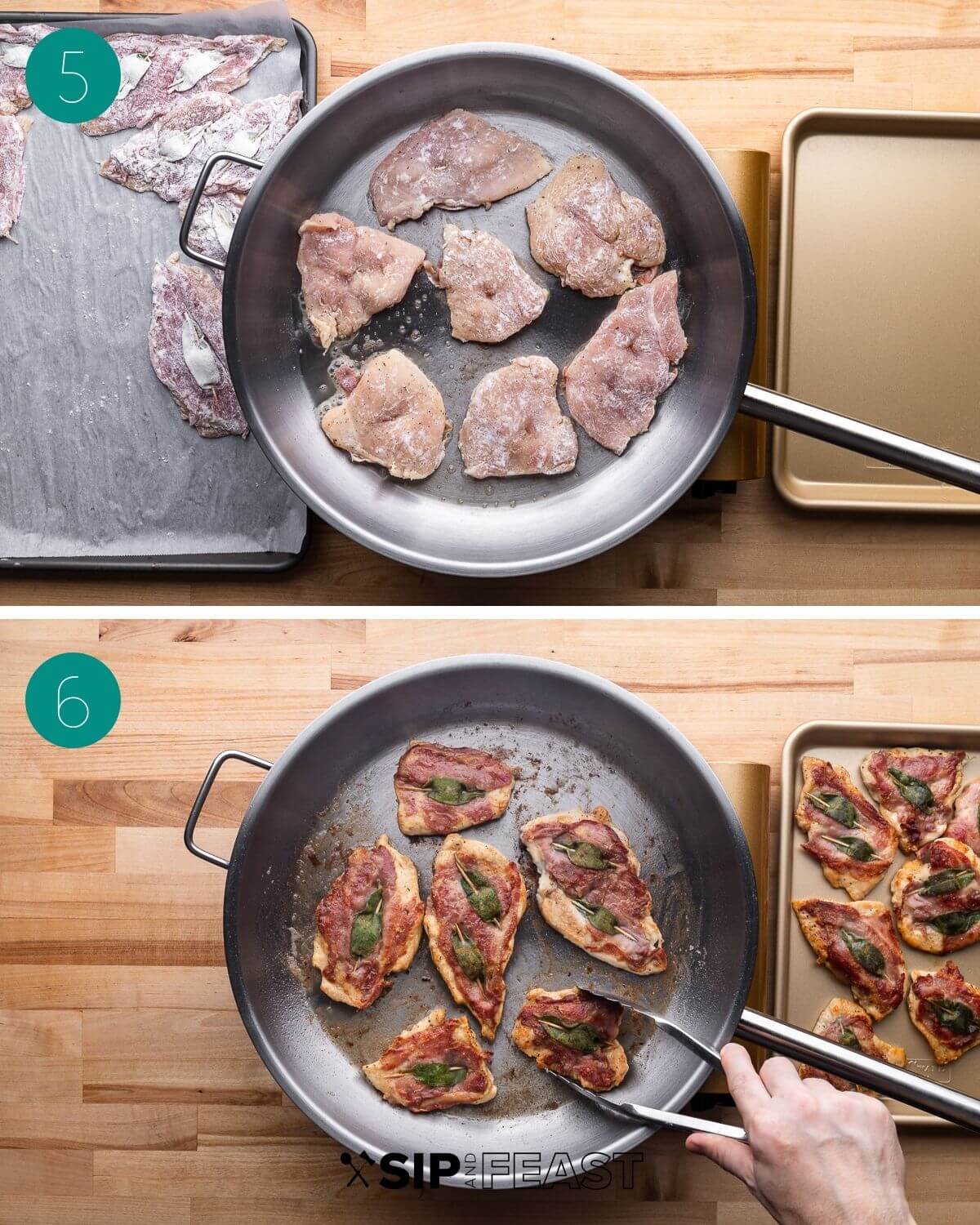 Recipe process shot collage group number 3 showing chicken searing in fry pan.