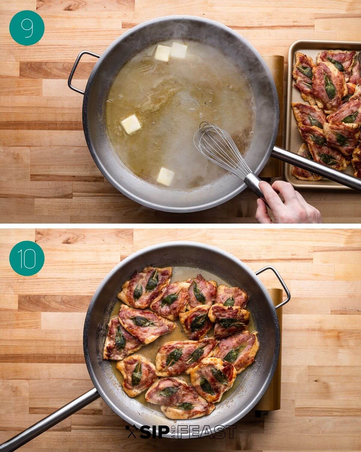 Recipe process shot collage group number five with butter added to the pan and then the chicken added back to the pan.