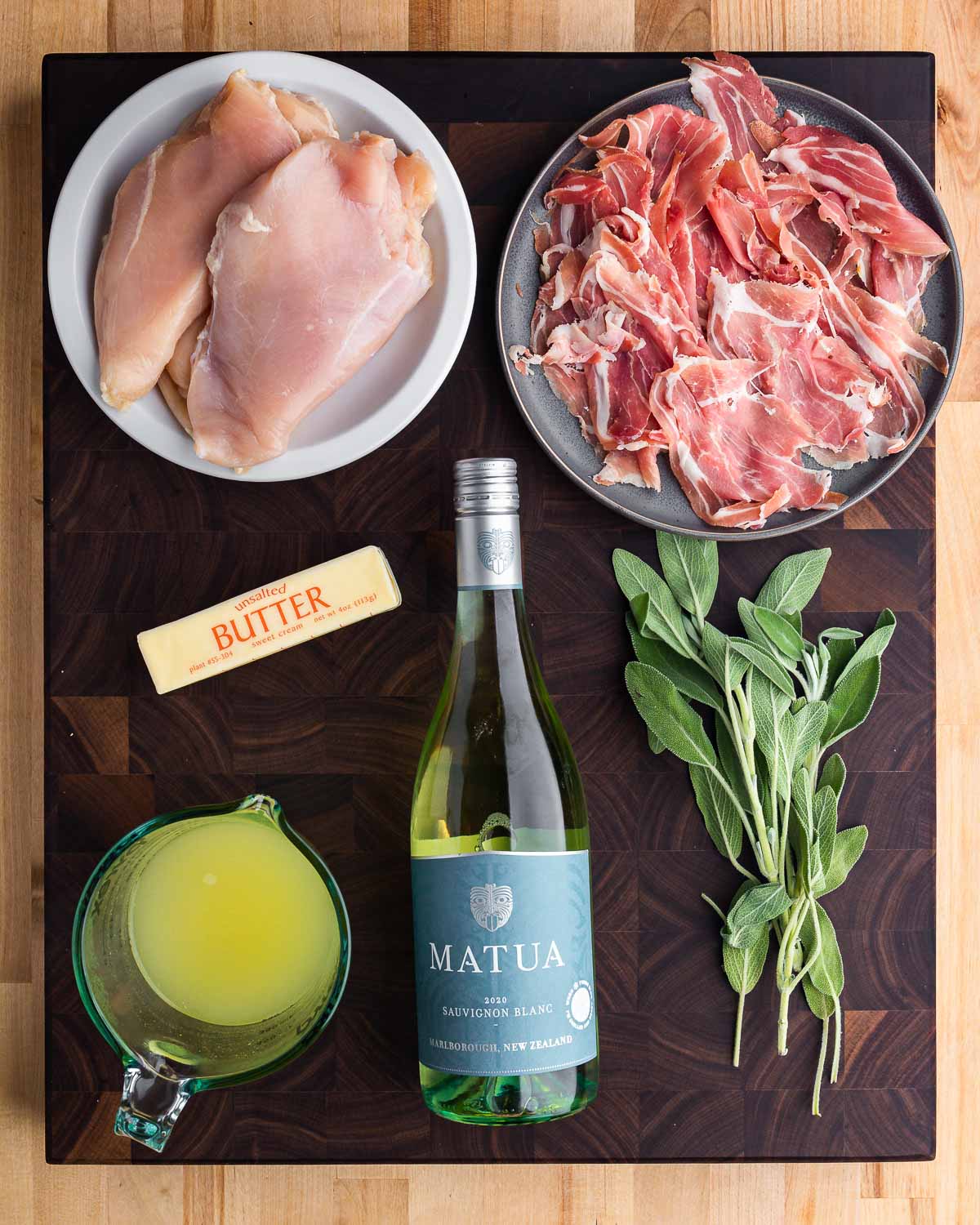 Ingredients shown: chicken breasts, prosciutto, butter, chicken stock, wine, and sage.