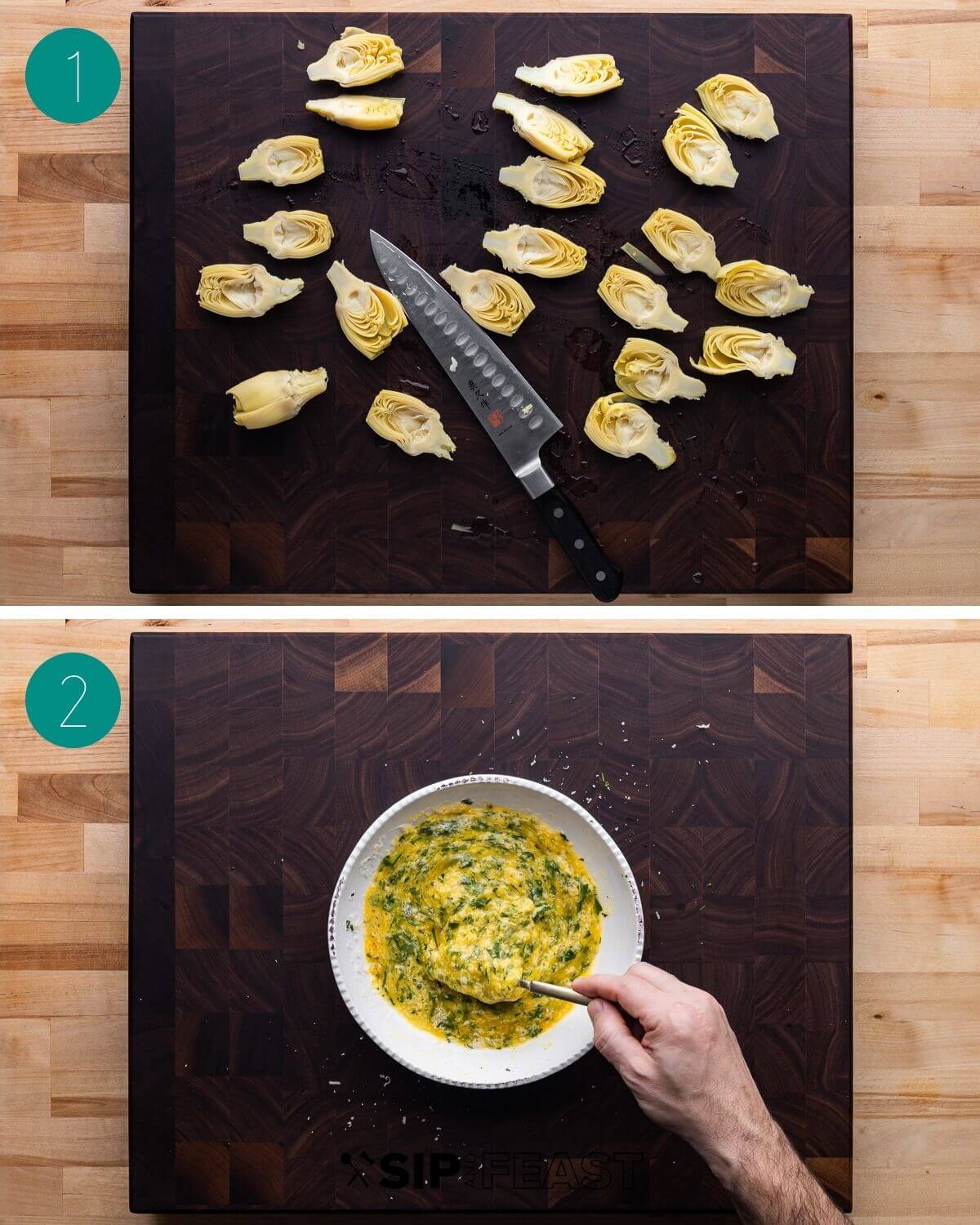 Fried artichoke hearts recipe process shot collage group number one.